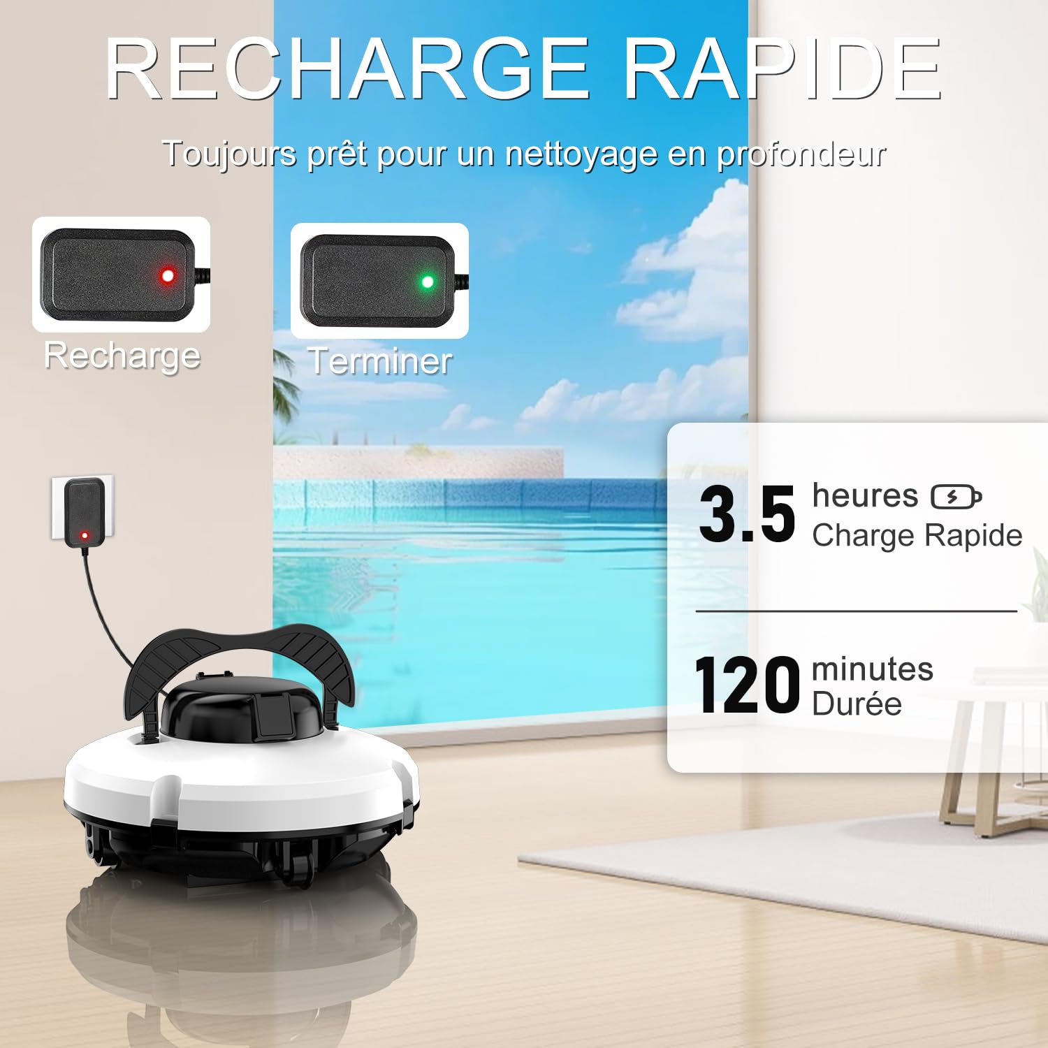 (2026) Robot Piscine sans Fil, Aspirateur Piscine à Double Moteur Puissante Aspiration, 120 Minutes de Nettoyage, Auto-Stationnement, Robot Piscine Idéal pour Les Piscines Hors Sol 100㎡ (Beige)