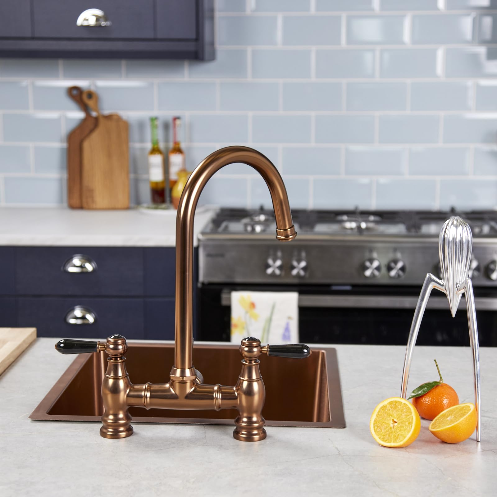 Flode Klas Traditional Bridge Style 3 In 1 Instant Boiling Tap Black Ceramic Levers Brushed Copper Finish from B&Q