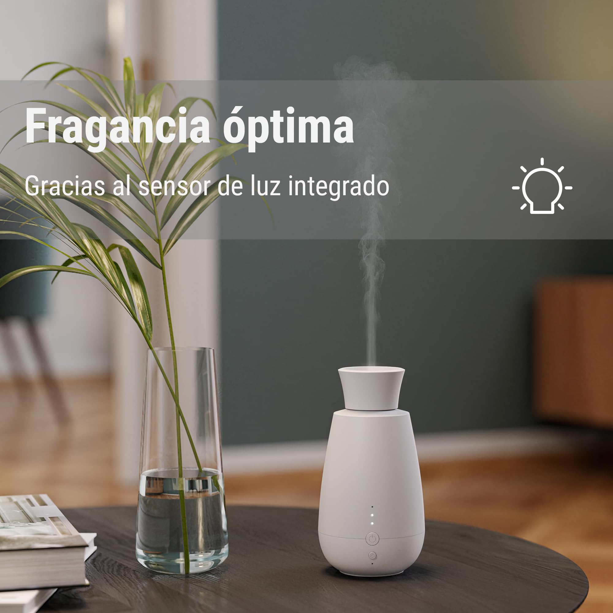 Difusor de Aromas Ella de Stadler Form, Sistema Inteligente de Pulverización de Fragancias, para Aceites Esenciales, sin Agua, sin Calor, Aroma Intenso, Inalámbrico, Sensor de Luz, Blanco
