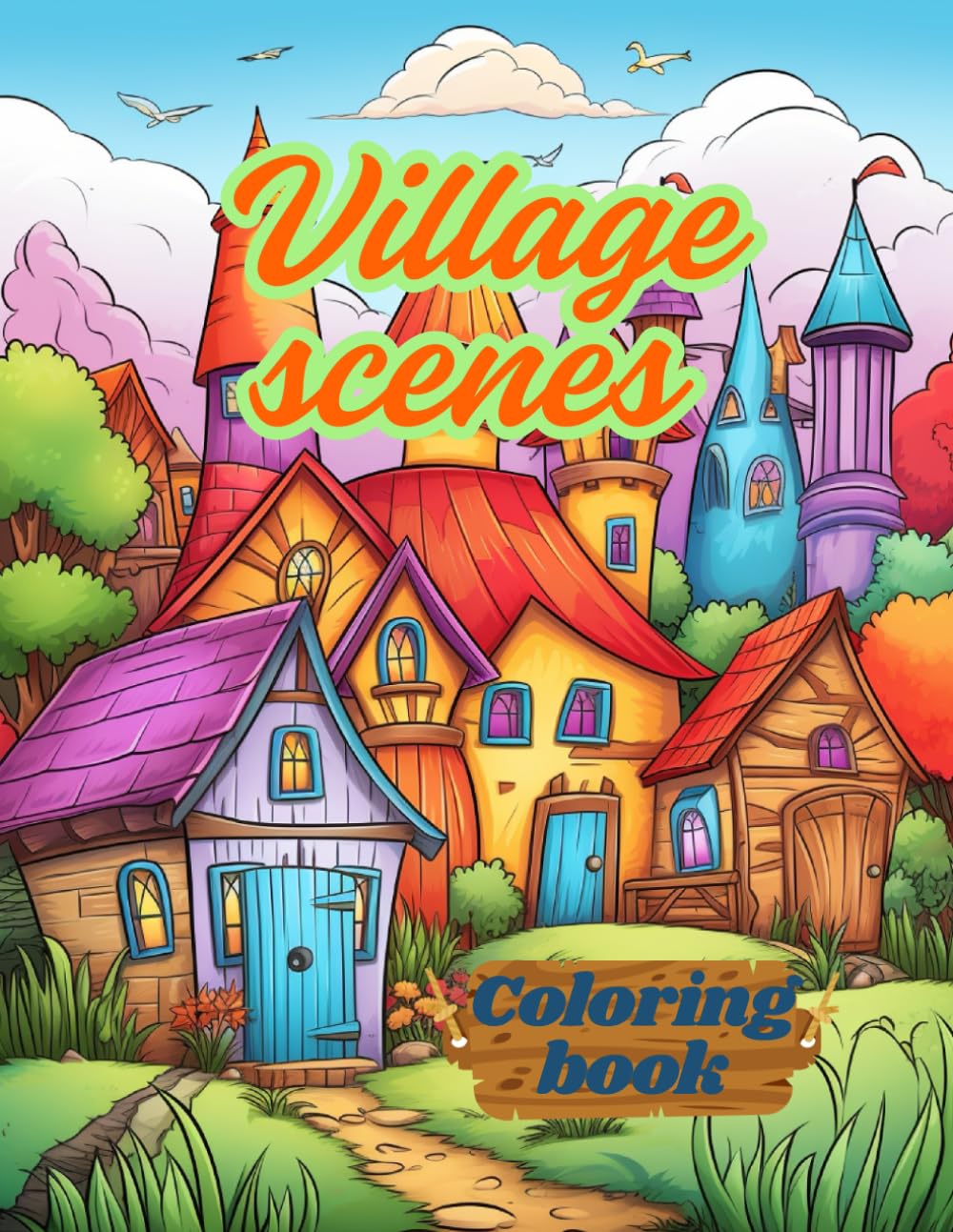 Village scenes: Coloring book for adults 100 pages