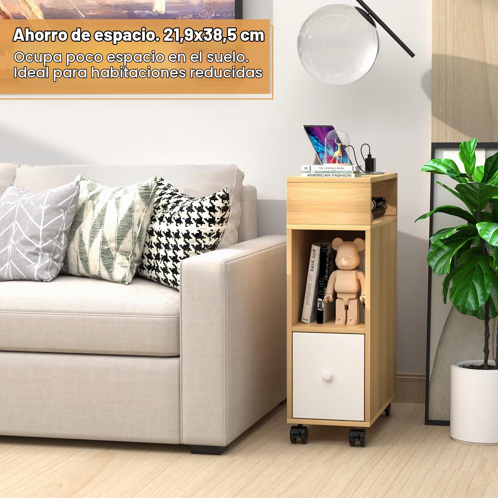 Mesilla de Noche Estrecha con Estación de Carga, Mesita de Noche con Puertos USB, Mesita Auxiliar con Cajones y Estante, Mesita de Noche Para Habitaciones Pequeñas, Mesa Auxiliar con Ruedas