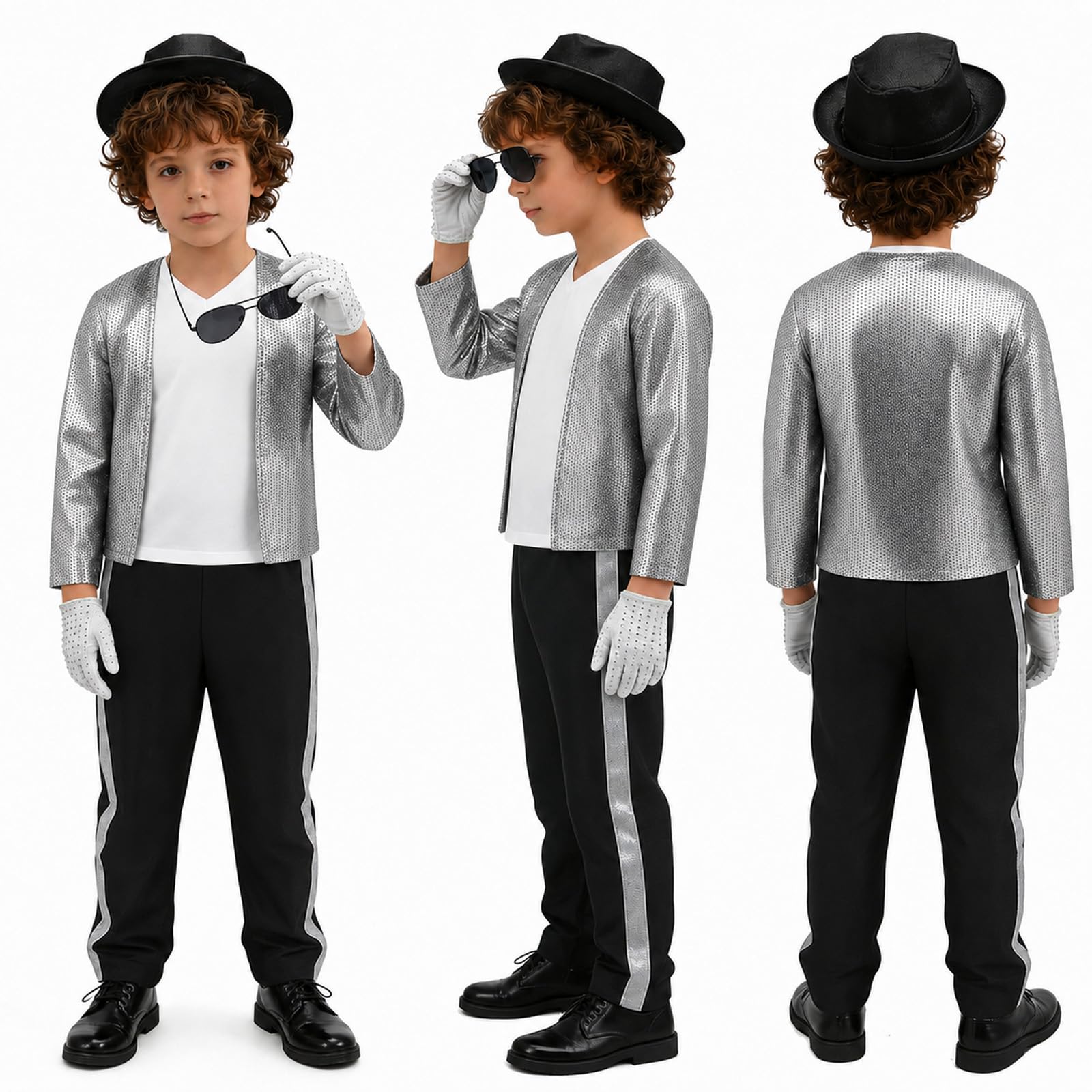 SINSEN Pop Star Costume for Kids 80s 90s Disco Outfit Sequin Jacket Pants Hat T-Shirt Gloves Sunglasses Necklace Fancy Dress Costume for Halloween Cosplay Party World Book Day 3-12 Years - Image 2