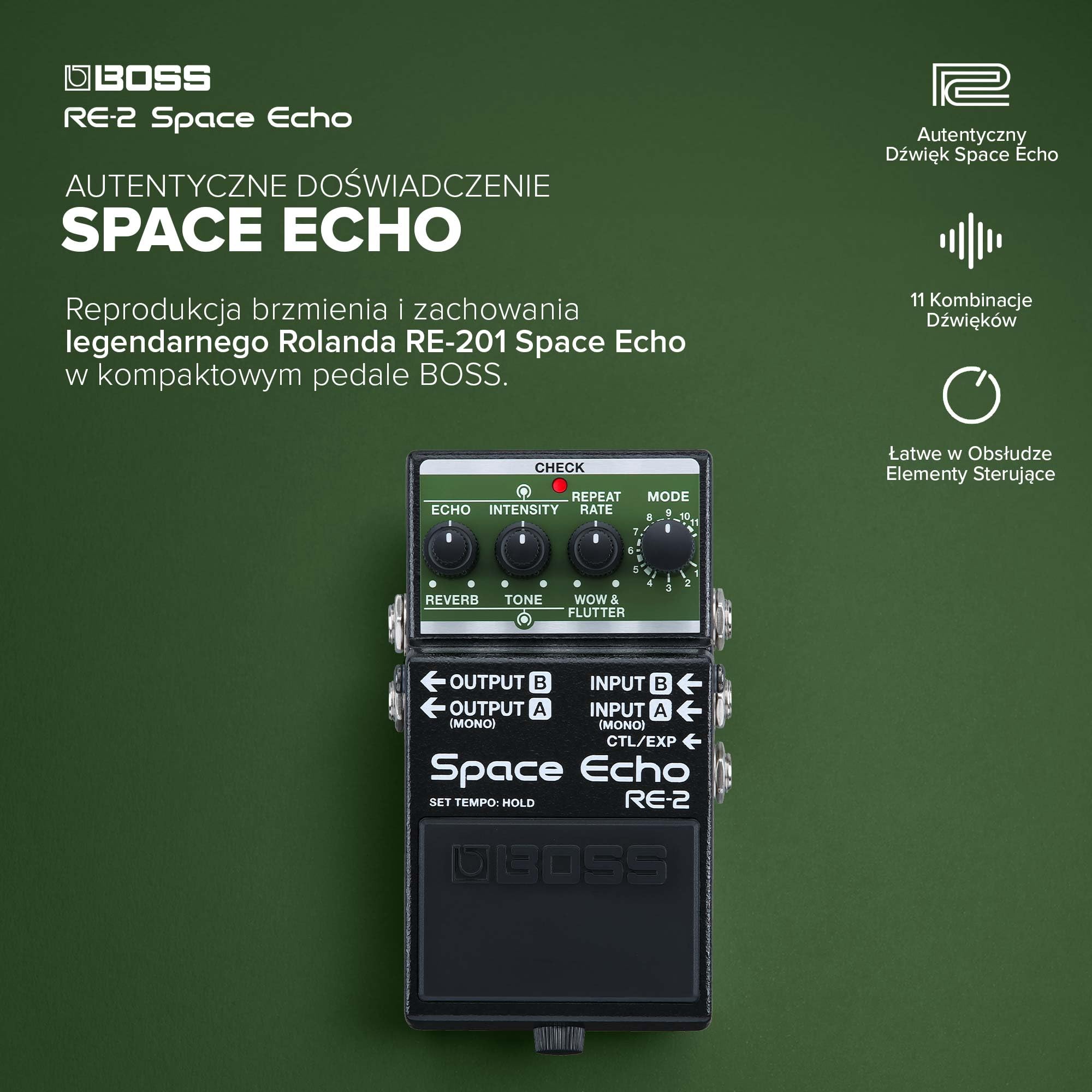 BOSS RE-2 Space Echo | Tape Delay Reverb Efekt Pedał | Nowoczesna, Kompaktowa Rekonstrukcja Legendarnego Roland RE-201 Space | True Stereo | Spring Reverb | Wow & Flutter