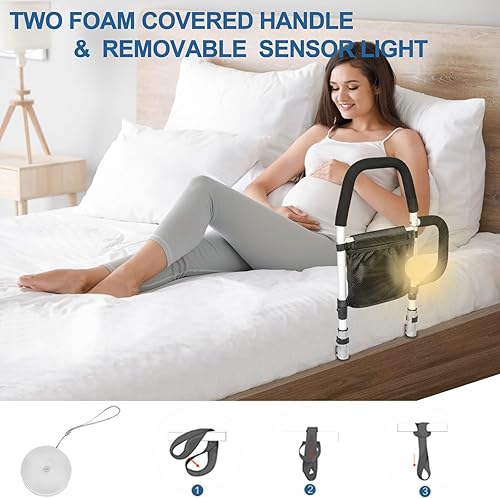 Miniatura 10 de Rieles de cama para adultos mayores con alturas ajustables y asas laterales extensibles, barra de asistencia de cama plegable para prevención