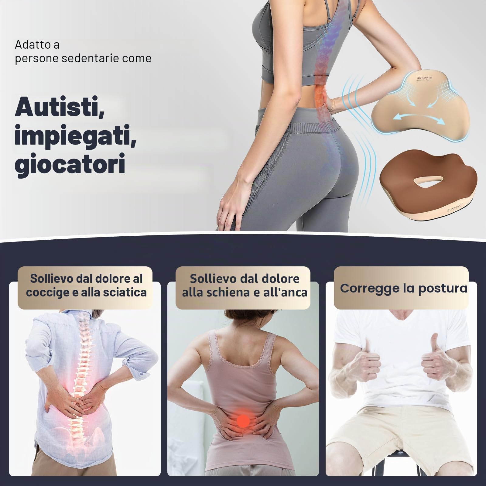 Coverado Cuscino sedile e Cuscino di supporto lombare per sedia da ufficio dell'automobile, Ergonomico Schiuma di memoria Sedia da scrivania Cuscino di sostegno posteriore