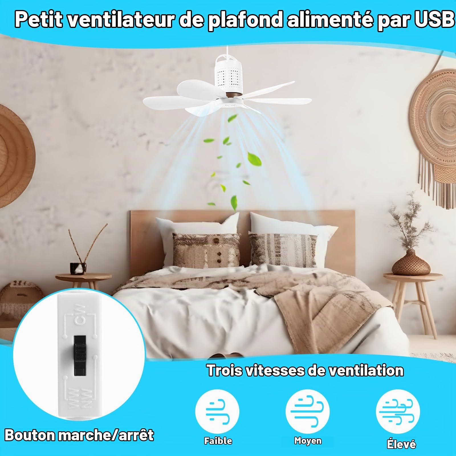 Kit de ventilateur de plafond solaire portable 15 W avec panneau solaire monocristallin USB à suspendre avec bouton marche/arrêt pour terrasse, camping, tente, poulailler, serre, abri de
