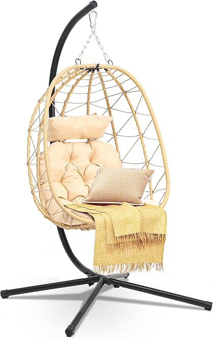 DWVO Egg Hanging Swing Chair with Stand Egg Chair Wicker Egg Chair with Cushions 330lbs for Patio, Bedroom, Garden and Balcony, Beige
