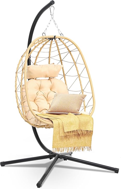 DWVO Egg Hanging Swing Chair with Stand Egg Chair Wicker Egg Chair with Cushions 330lbs for Patio, Bedroom, Garden and Balcony, Beige