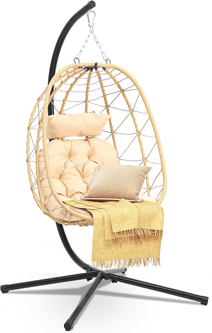 DWVO Egg Hanging Swing Chair with Stand Egg Chair Wicker Egg Chair with Cushions 330lbs for Patio, Bedroom, Garden and Balcony, Beige