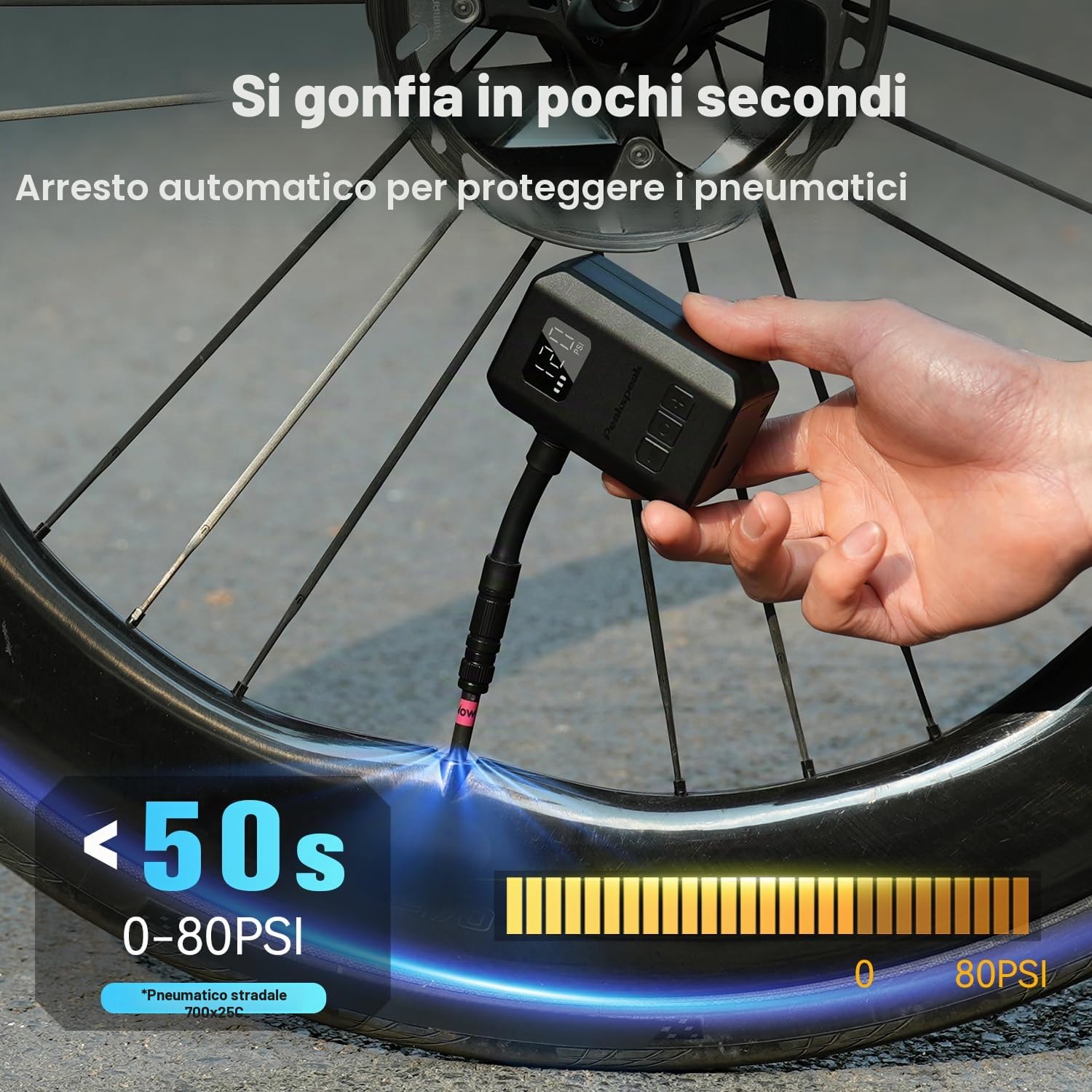 Peakspeak Mini Pompa Elettrica Bici AS260PRO 120 PSI ricaricabile USB-C con manometro e arresto automatico