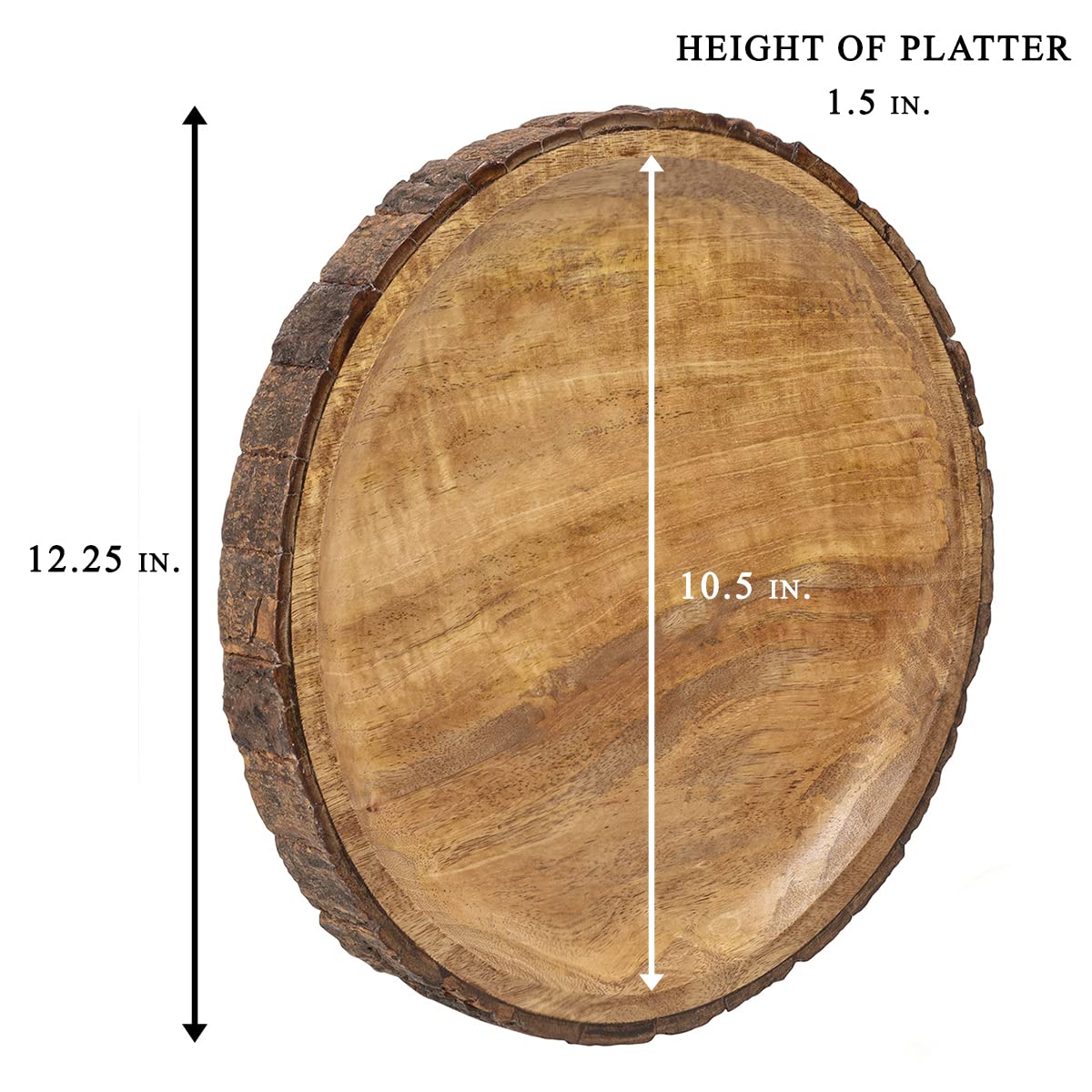 GoCraft Piatto da portata rotondo in legno con corteccia di albero sui bordi | Piatto per pizza in legno di mango | Piatto per salumi, 40,6 x 27,9 cm