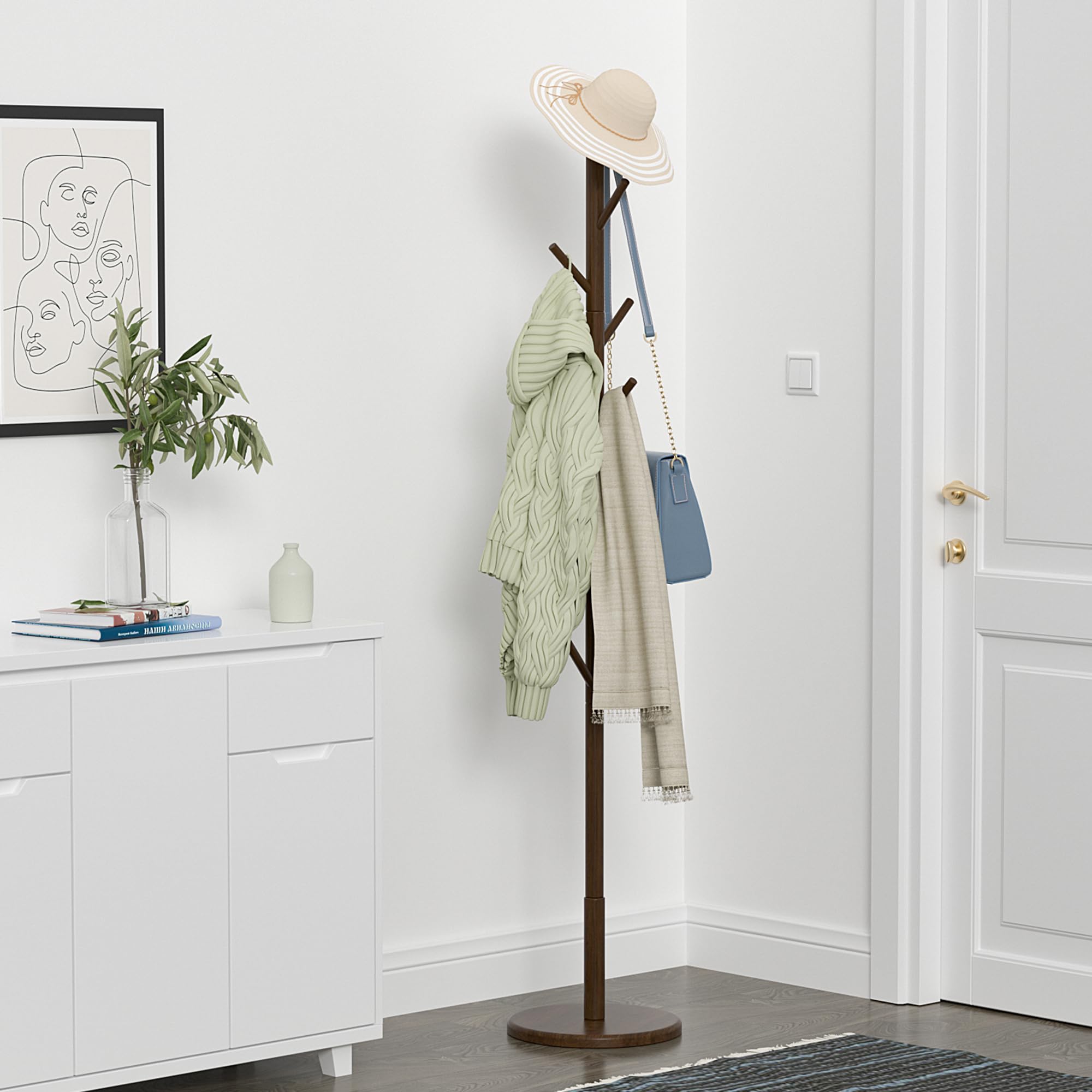 Appendiabiti da Terra, Attaccapanni in Legno, 9 Ganci, 4 Altezze Regolabili, per Ingresso, Corridoio o Camera da Letto, Appendino Salvaspazio per Cappelli, Borse, Vestiti （Caffè ）