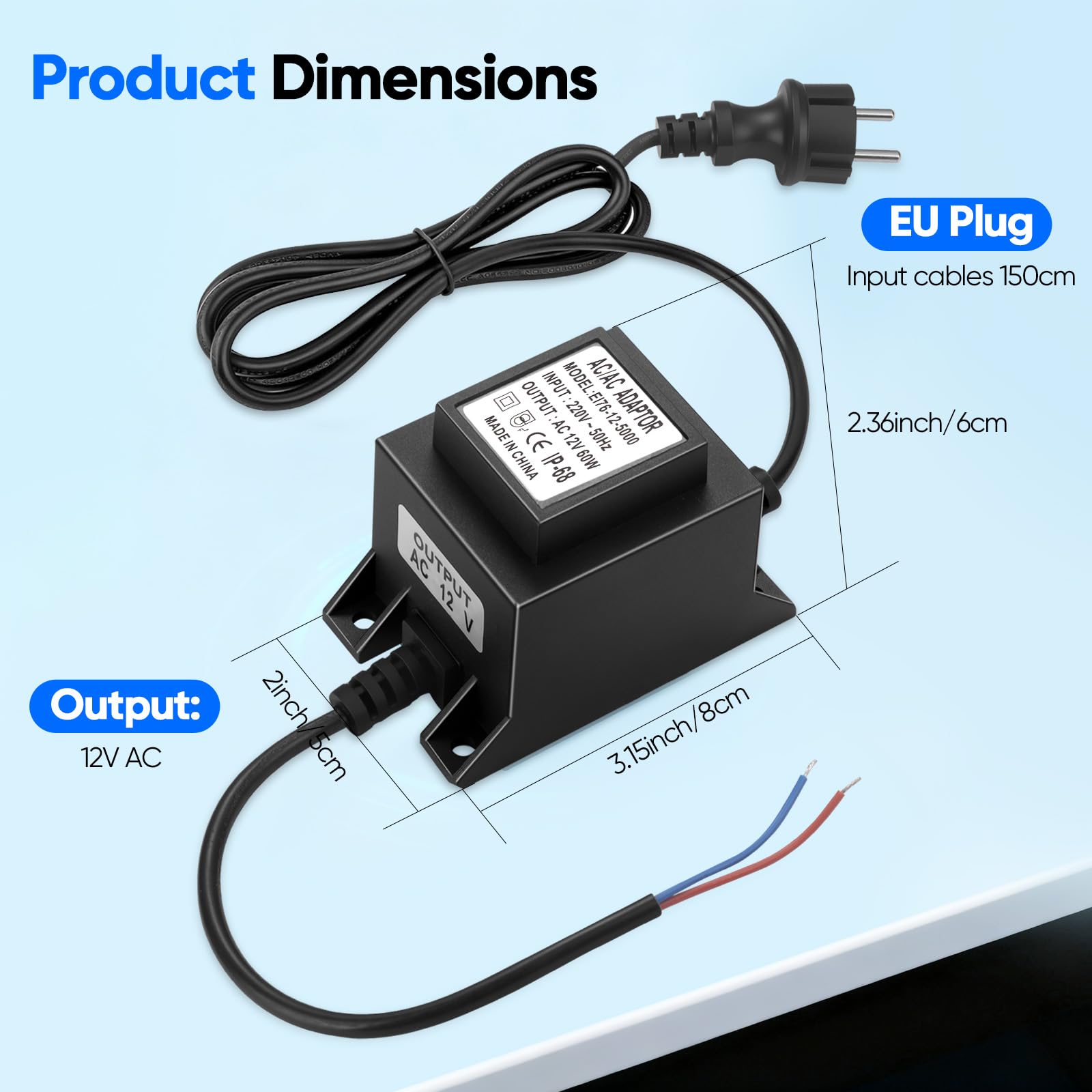 Trasformatore 220V 12V AC 60W 5A, IP68 Impermeabile Alimentatore per Luci da Giardino, Fontana e Piscina