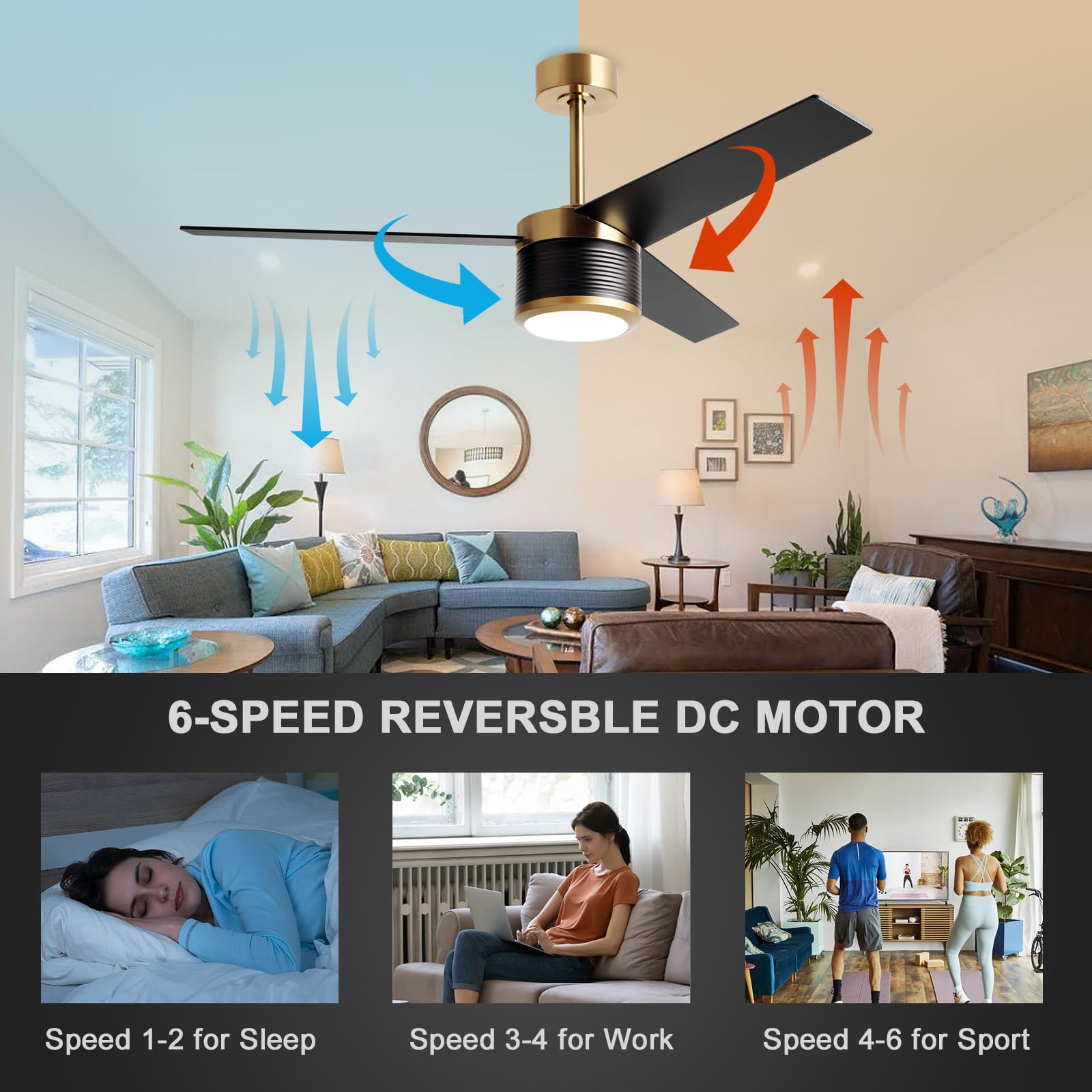 Reiga 132CM Ventilateur de plafond à moteur à courant continu avec lumière LED à intensité