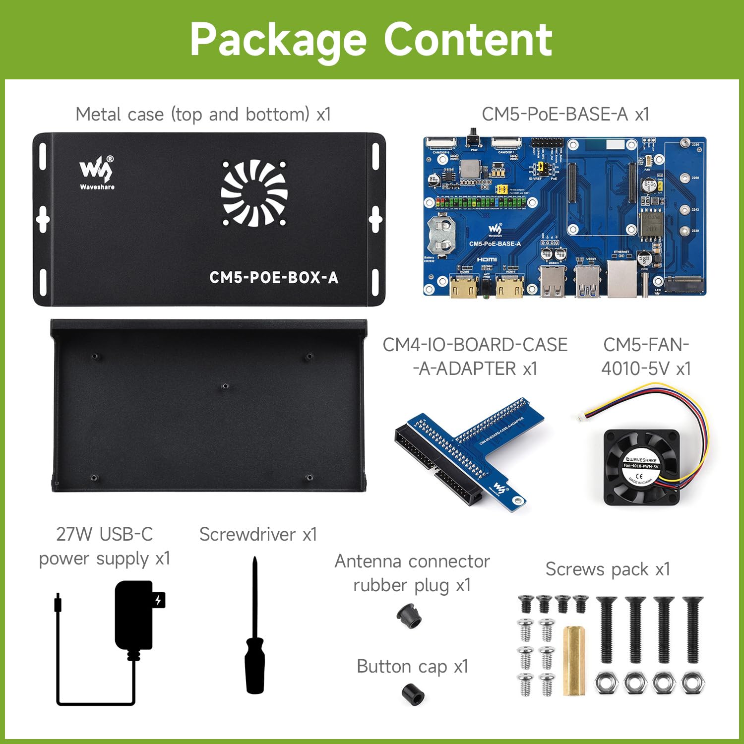Waveshare Compute Module 5 IO Board, Compatible with All Variants of Raspberry Pi CM5, with PoE Feature, Bundle with PoE Base Board + Case + Power Supply Adapter