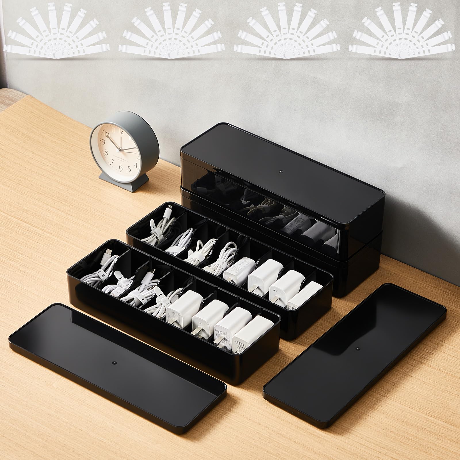 Tatuo 4 Pcs Cable Organizer Box with Wire Ties Plastic Cord Storage Box with Lid Electronics Organizer for