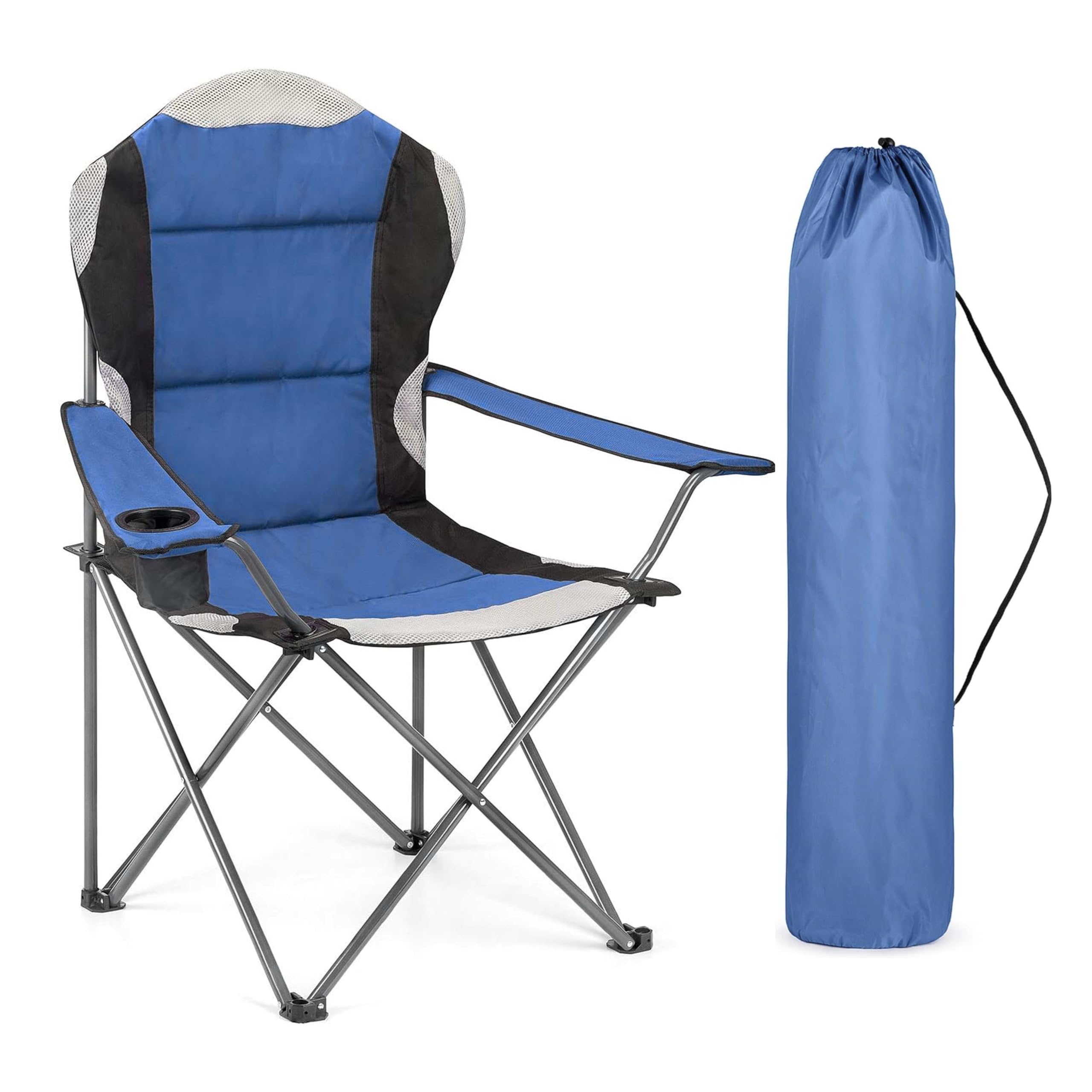 ADEPTNA High Back Folding Camping Chair Luxury Padded Seat Heavy Duty Tubular Steel Frame, Cup Holder Armrest Carry Bag Portable Outdoor Chair Camping Fishing Garden Festival Ideal Summer (BLUE)