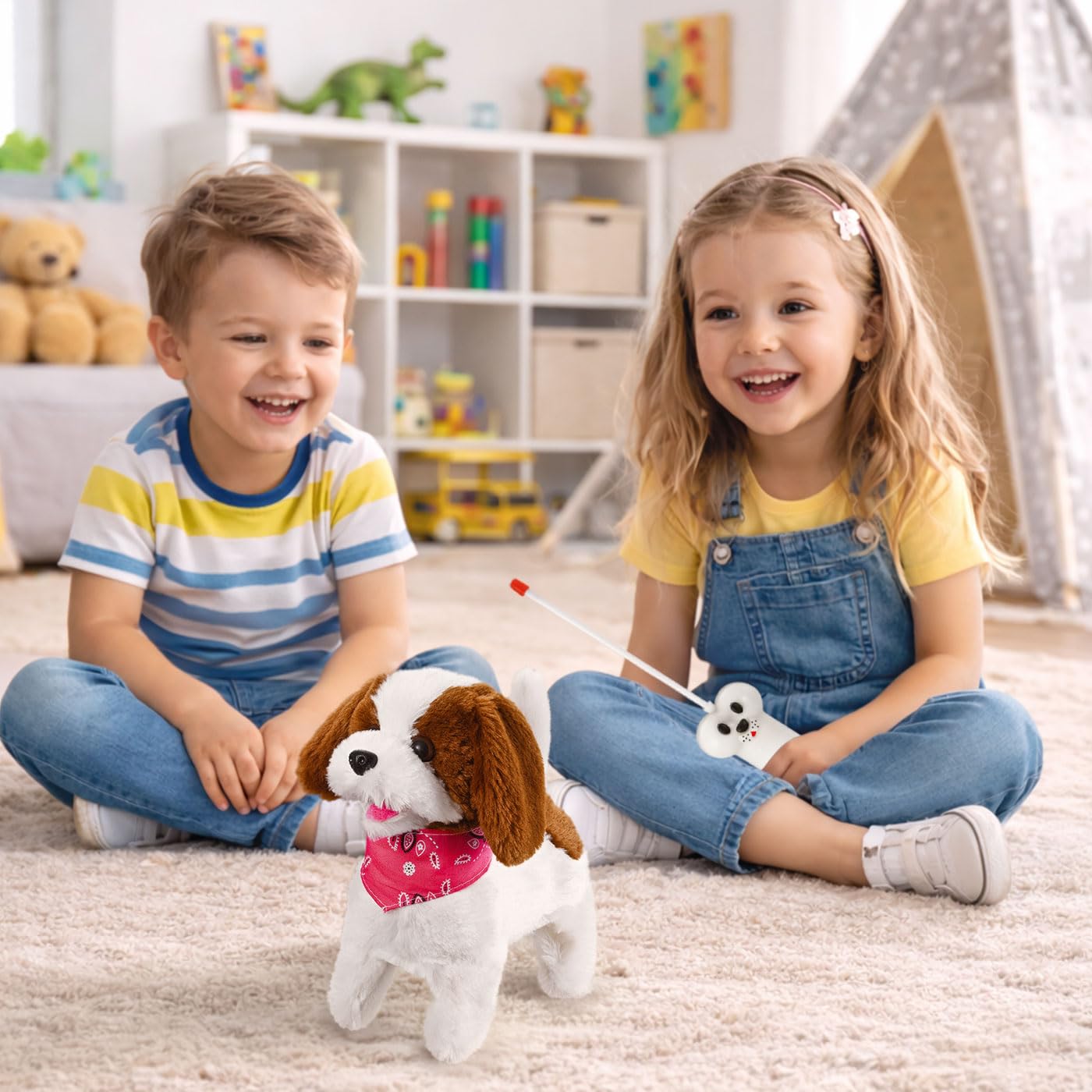 JAMARA -Lucky RC Plüschhund 27MHz- Weiches Fell, bewegt die Schnauze und Kopf, wedelt mit dem Schwanz, realistisches Hundebellen, Weiß-Braun