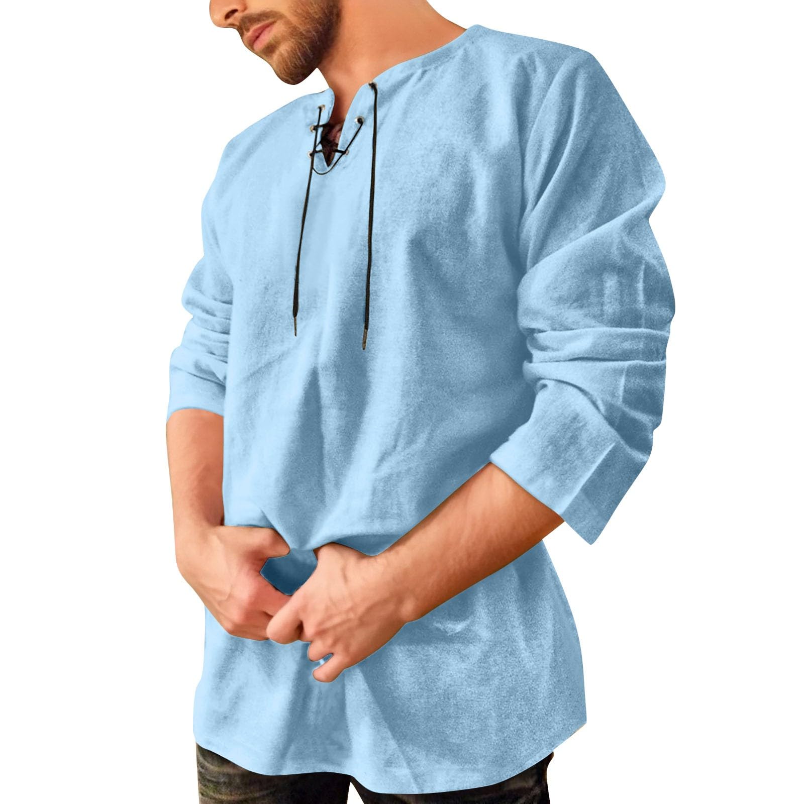 Celanisai Medieval Shirt Men's Tunic Linen Shirt Long Sleeve Retro Viking Shirts with Lacing Men's Casual Shirt Casual Fishing Shirt Viking Clothing Without Collar T-Shirt Plain Tops, Light blue, XXL