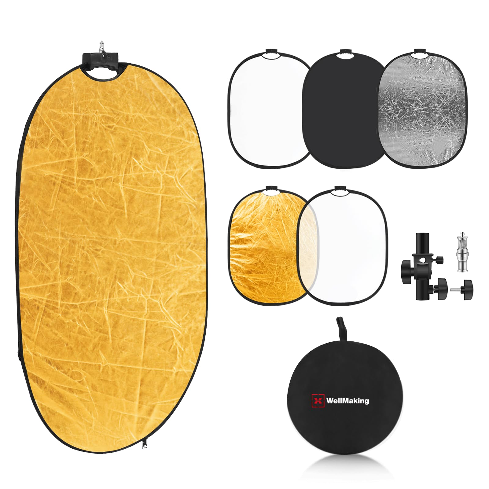 WELLMAKING 24'' x 36'' (60 x 90cm) Photography Reflector 5-in-1 Collapsible Light Reflector with Bag & tilt Adapter, Portable Light Reflector