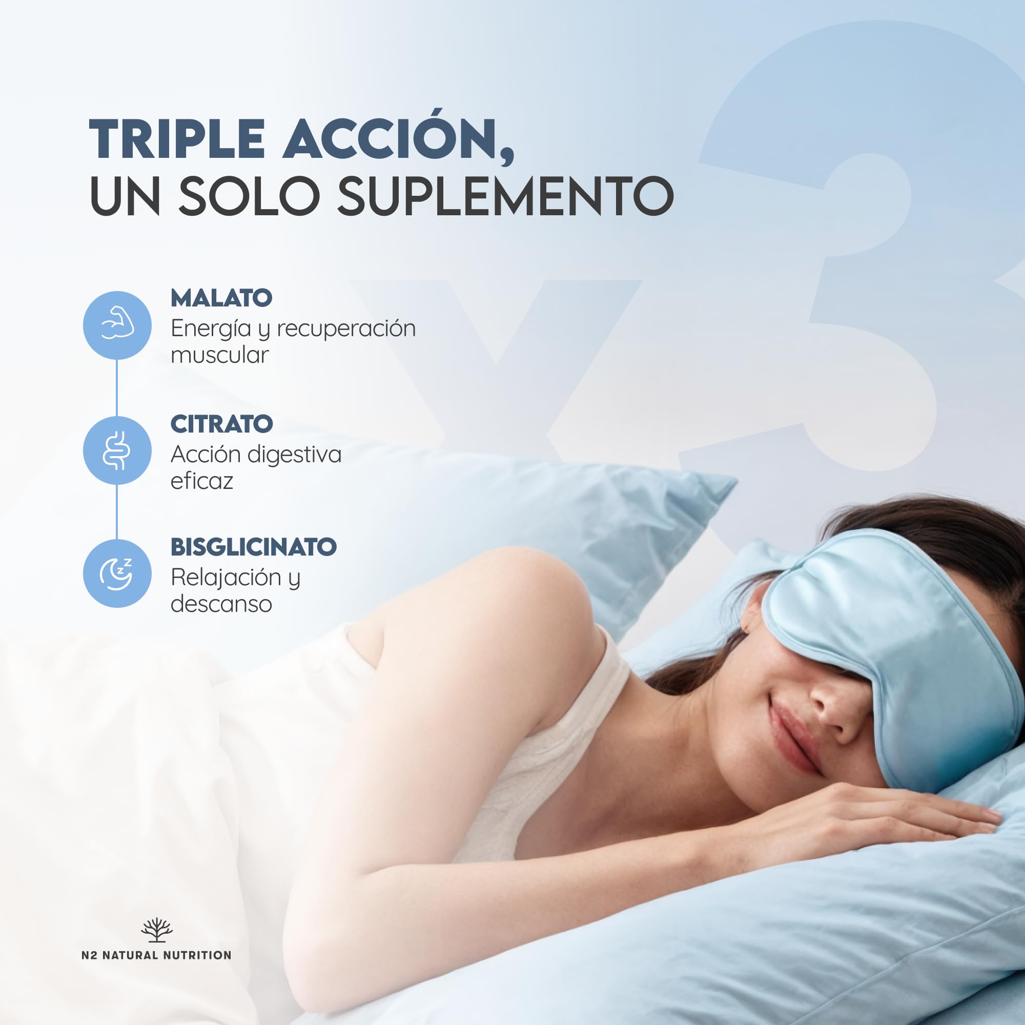 Citrato de Magnesio 1440mg + Magnesio Bisglicinato 600mg + Malato 600mg. 440mg de Elemental de Alta Biodisponibilidad. Reduce Cansancio, Alivia Dolor Articulaciones y Músculos. 3 meses. N2