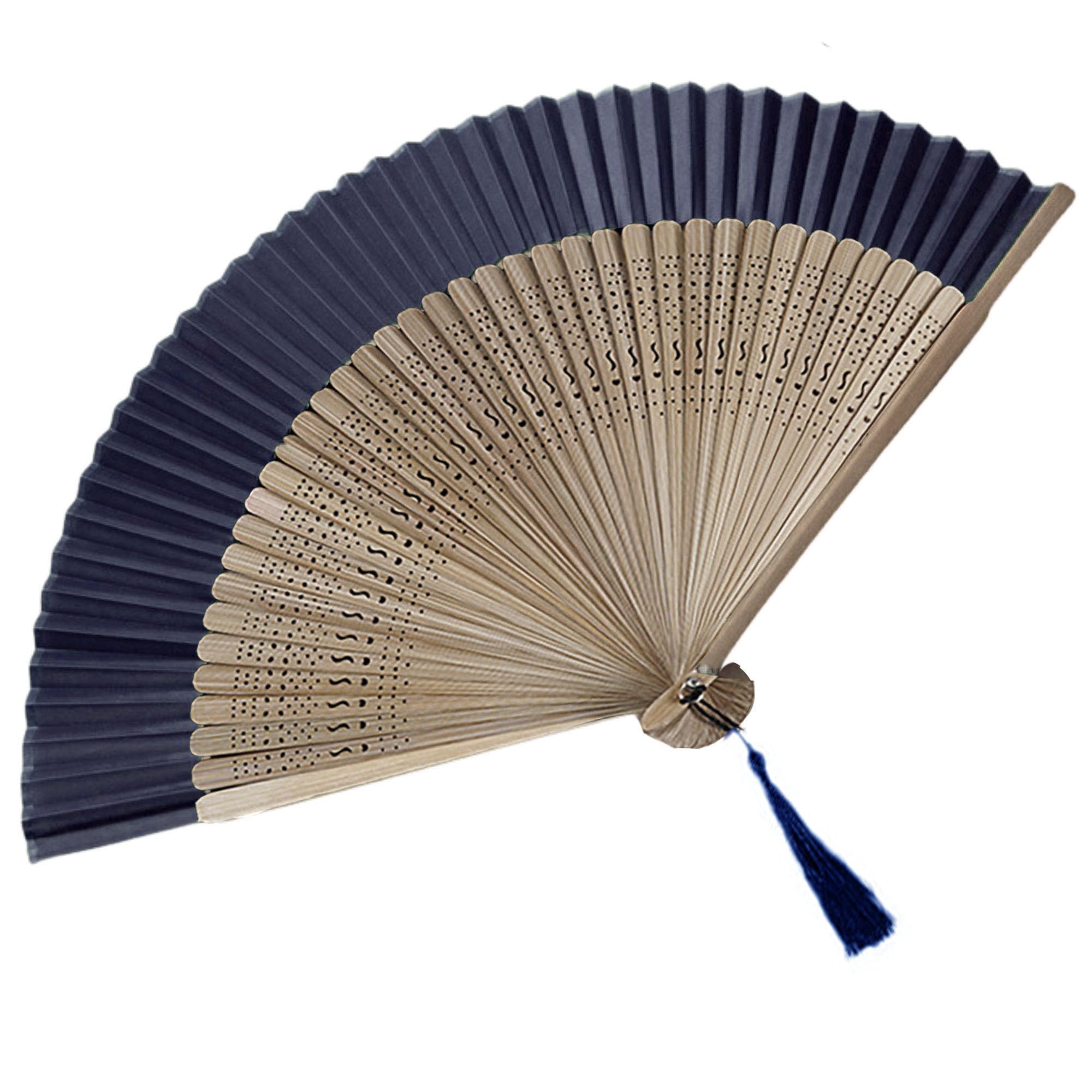 GFM® Bamboo Silk Handheld Folding Hand Fan for Summer, Wedding-Dark Navy Blue-(GG-FLSLK-F38A-11-TRVGHNL)