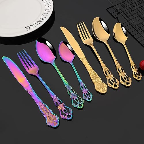 Miniatura 8 de JASHII Servicio creativo de cubiertos de acero inoxidable para 4, juego de vajilla de lujo retro palacio, juego de cubiertos para la barra de
