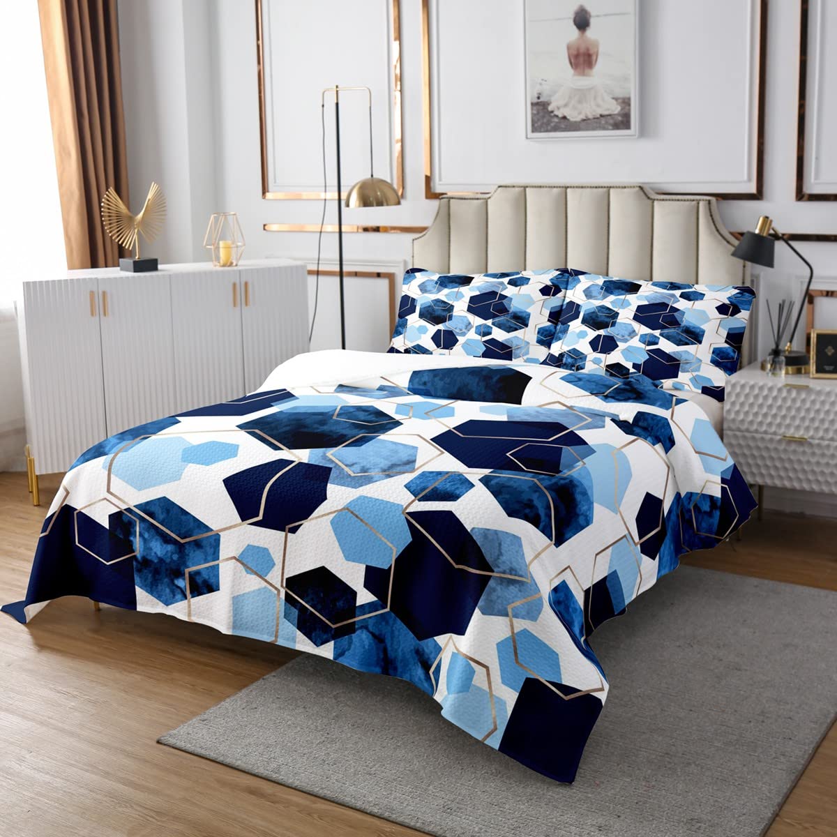 Couvre-lit matelassé hexagonal nid d'abeille respirant bleu et blanc lit simple enfant