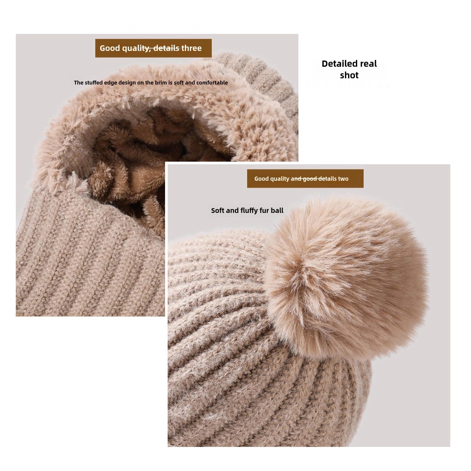 Zaktualizowana wersja Zestaw szalików z dzianiny damskiej, maska narciarska, czapka z polaru dwuwarstwowego z czapkami Bobble Pom Pom,Beige