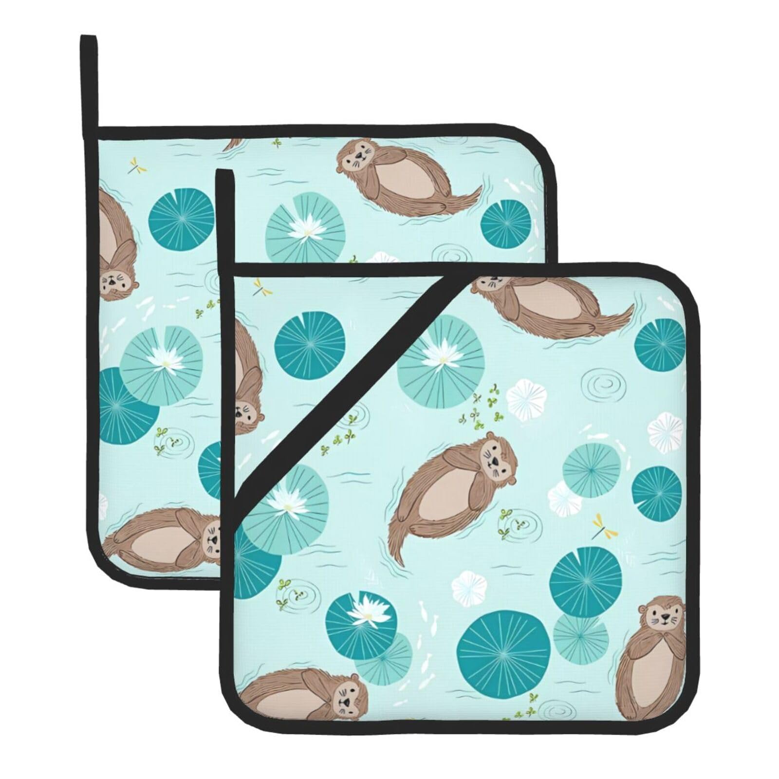 YYHHAOFA Otters Prints Square Hot Pads for Kitchen Counter - Waterproof Pot Covers with Hanging Loop - Thick Heat Resistant Trivets for Microwave & Oven (2-Pack)
