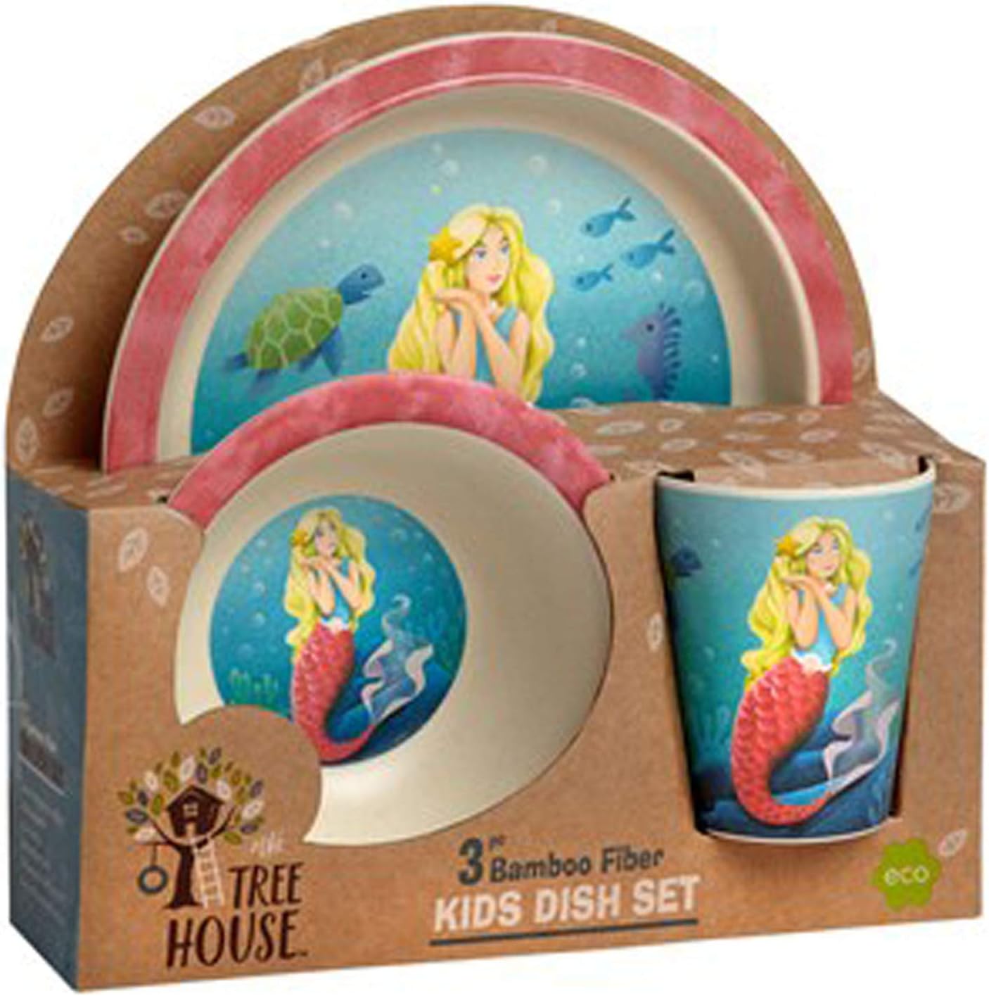Kids Dinnerware 3 Piece Set - Bamboo Plate, Bowl, Cup (Mermaid)