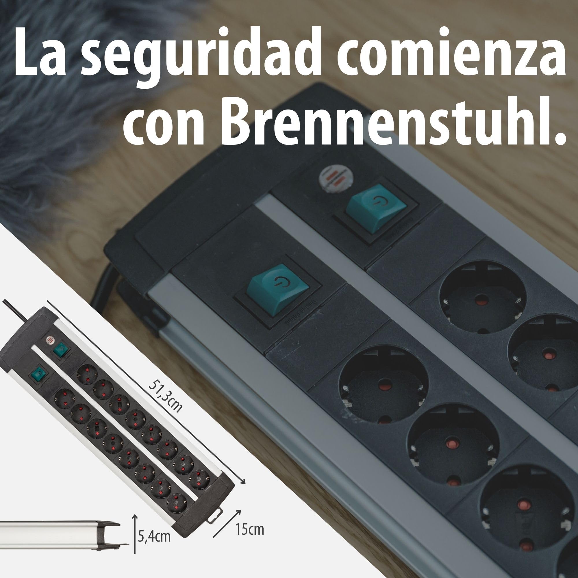 Brennenstuhl Premium-ALU-Line regleta enchufes con 16 Tomas y Interruptor Individual (Cable de 3m, 2X Interruptor Iluminado, Fabricado en Alemania)