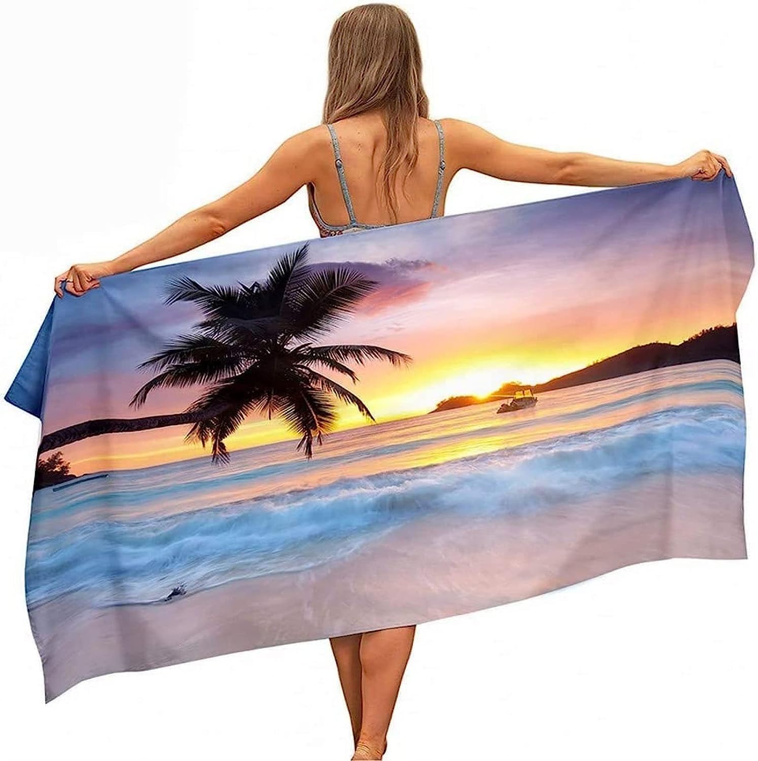 Serviette de Plage 200x200 Femme Homme Enfant, Drap de Plage XXL Serviette Plage Anti Sable à Séchage Rapide Grande Serviette Plage Cocotier, pour Bain, Piscine, Camping Vue sur l'océan B119