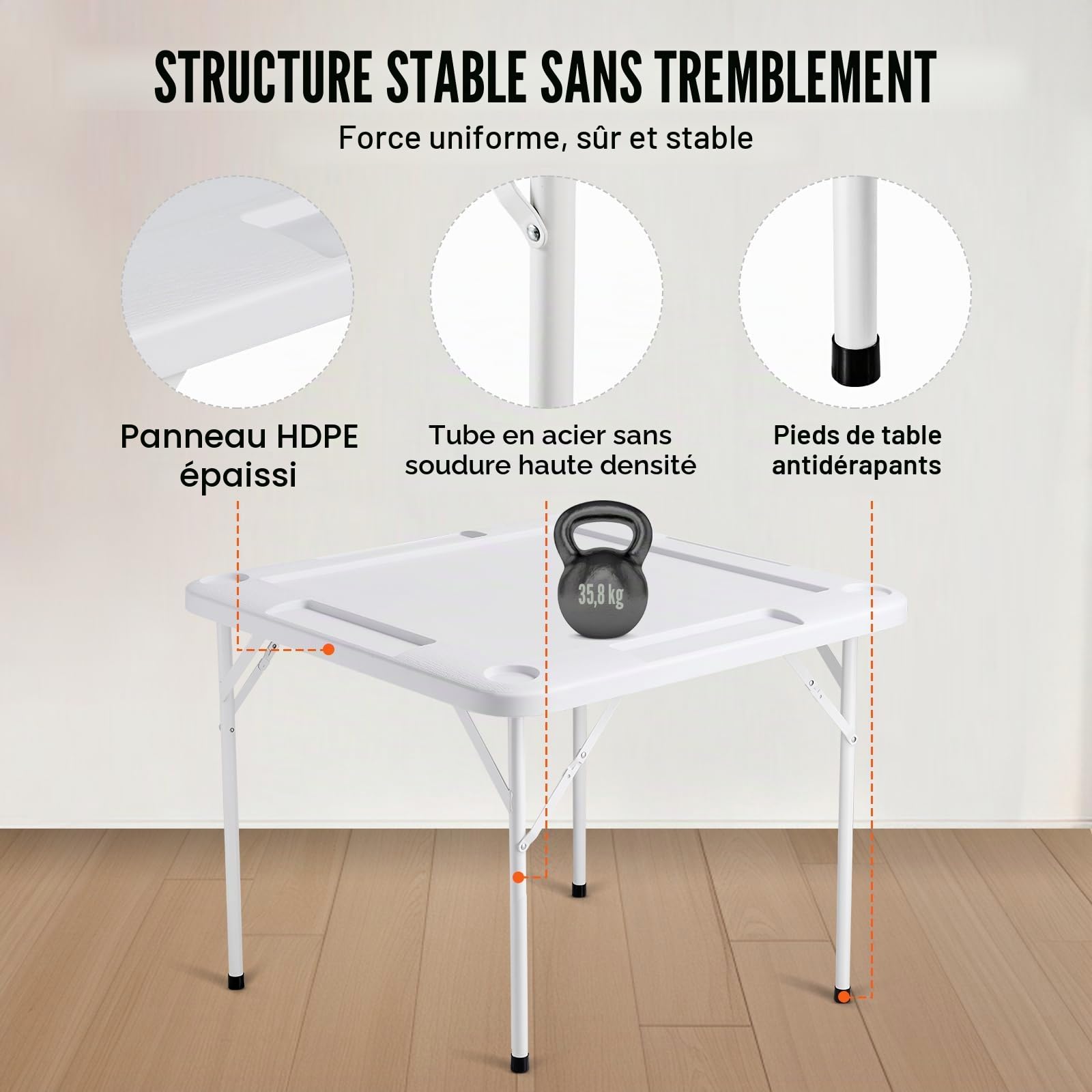 VEVOR Table de Mahjong Pliante Carrée pour 4 Joueurs, Table de Jeu de Cartes Portable, avec 4 Porte-gobelets et 4 Plateaux à Jetons, Jeu de Dominos pour Puzzles Poker Mahjong, 90 x 90 cm, Blanc
