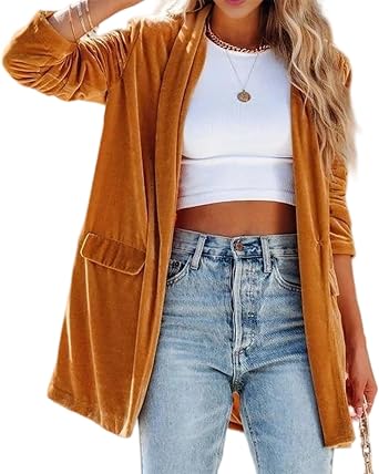 Womens Long Sleeve Velvet Cardigan Jacket Lapel Collar Open Front Vintage Cardigan Sweater with Pocket Gold M