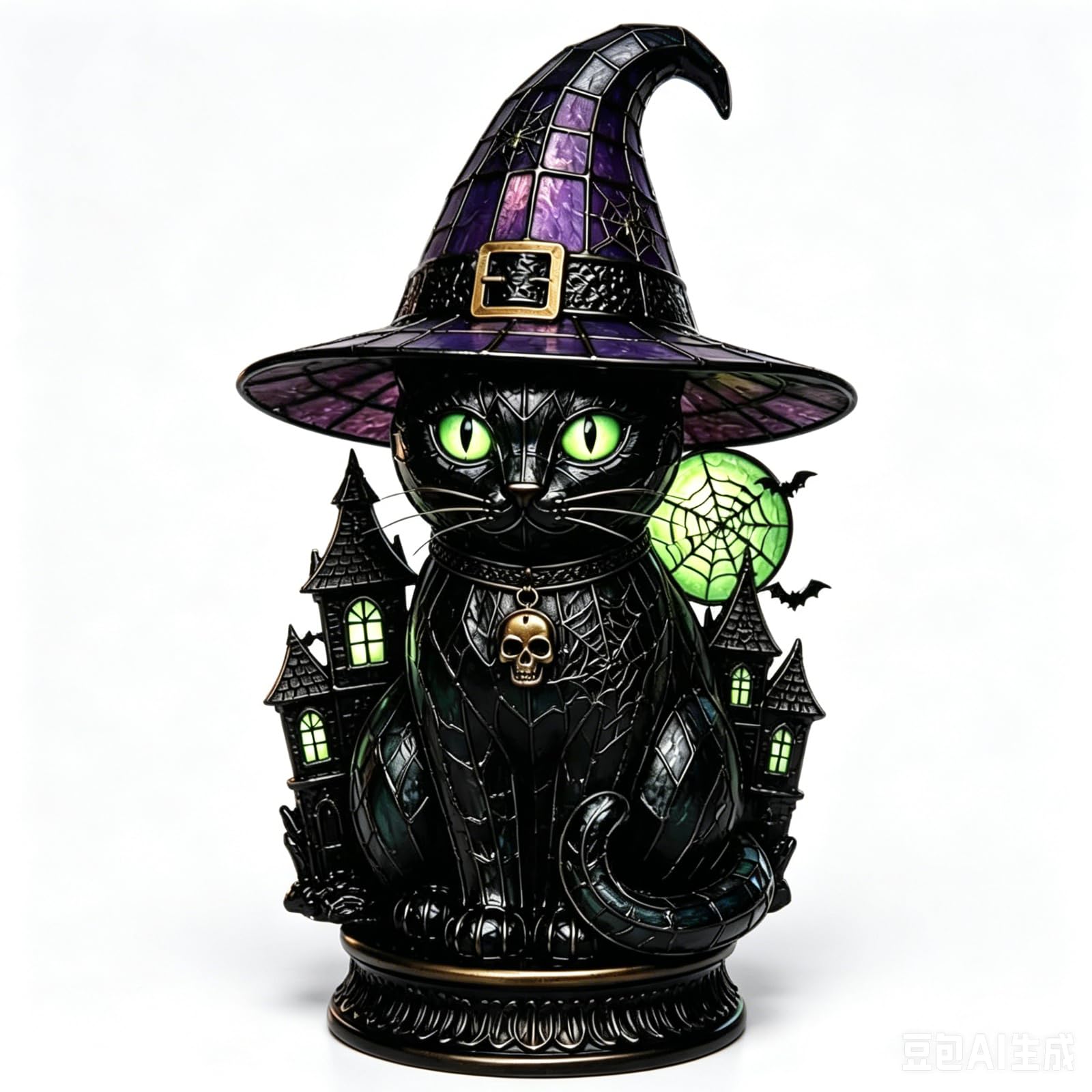 Stained Glass Witch Hat Lamp, Handcrafted Halloween Gothic Table Light (Green cat)