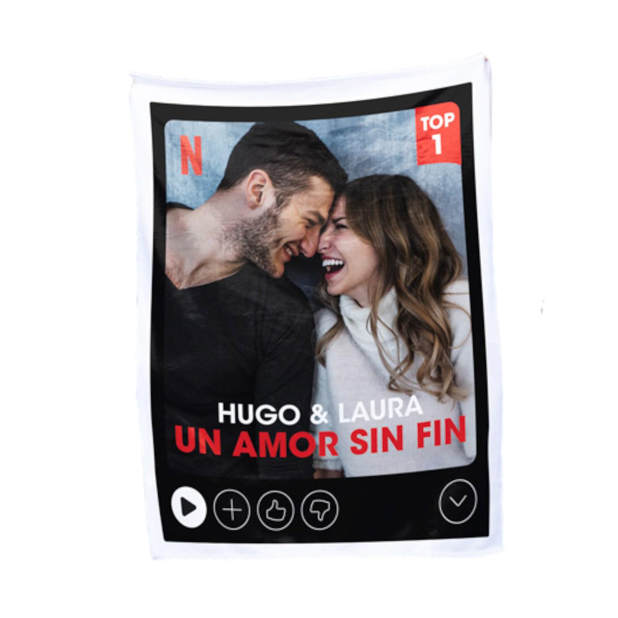Manta Personalizada con Foto y Texto a Color de Diseño Top 1 Netflix con vuestros Nombres y Título de Película 170x130cm para Sofá o Cama de Abrigo en Invierno (Tela Coralina)