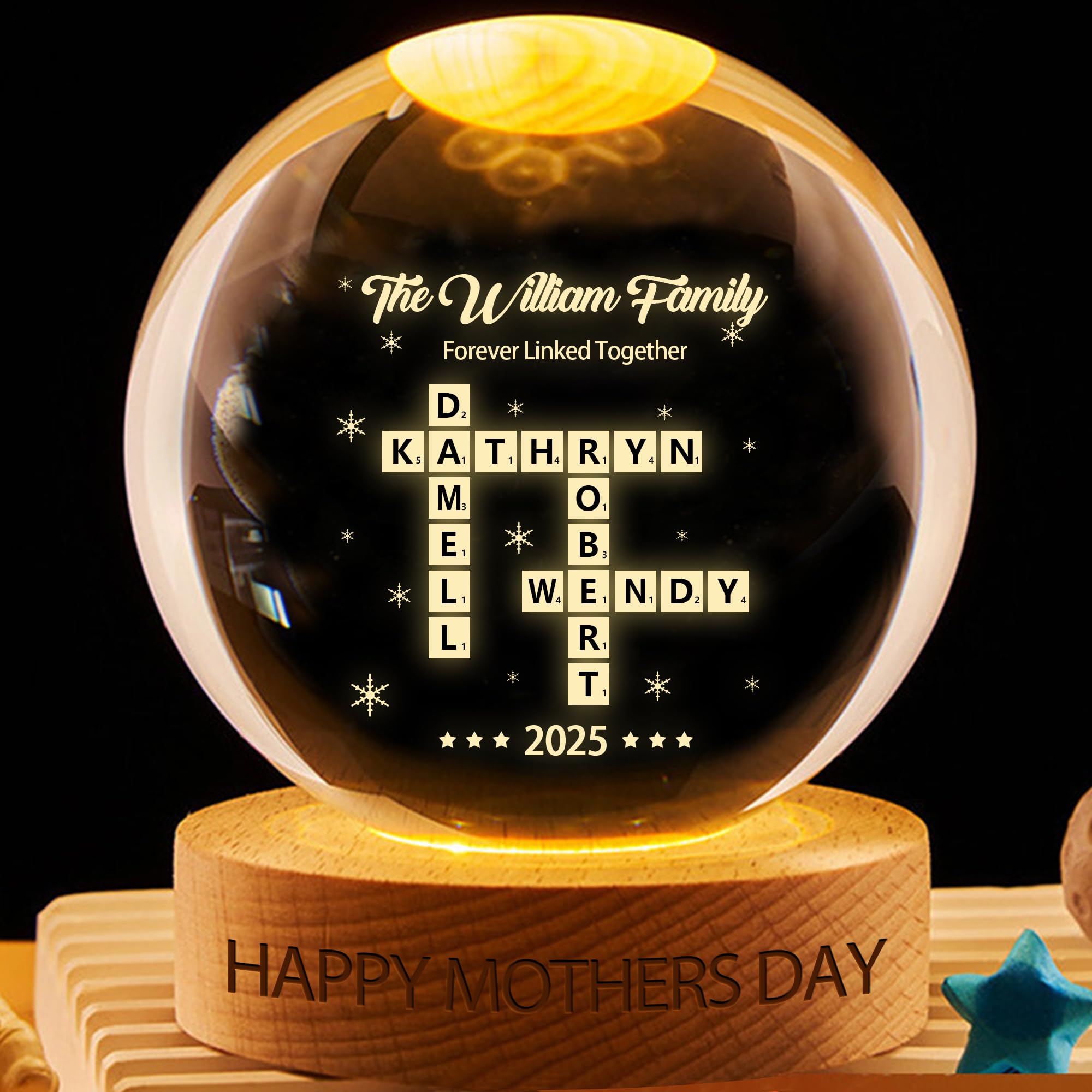 Personalized Crossword Puzzle Crystal Snow Night Light Globe Custom Grandkids Names Grandkids Make Life Grand 3D LED Lamp with Wooden Base, Bedroom Decor Gifts for Grandma Grandpa Mom Birthdays — image 1