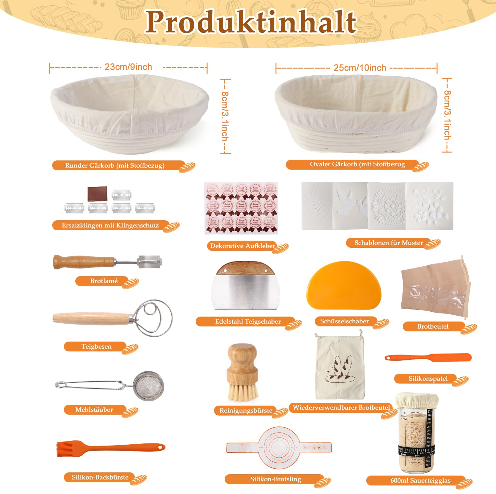 Juego de iniciación para hornear pan de ratán indonesio | kit de iniciación para hornear pan con ribete, raspador de masa, batidor danés y vidrio de almacenamiento, juego completo