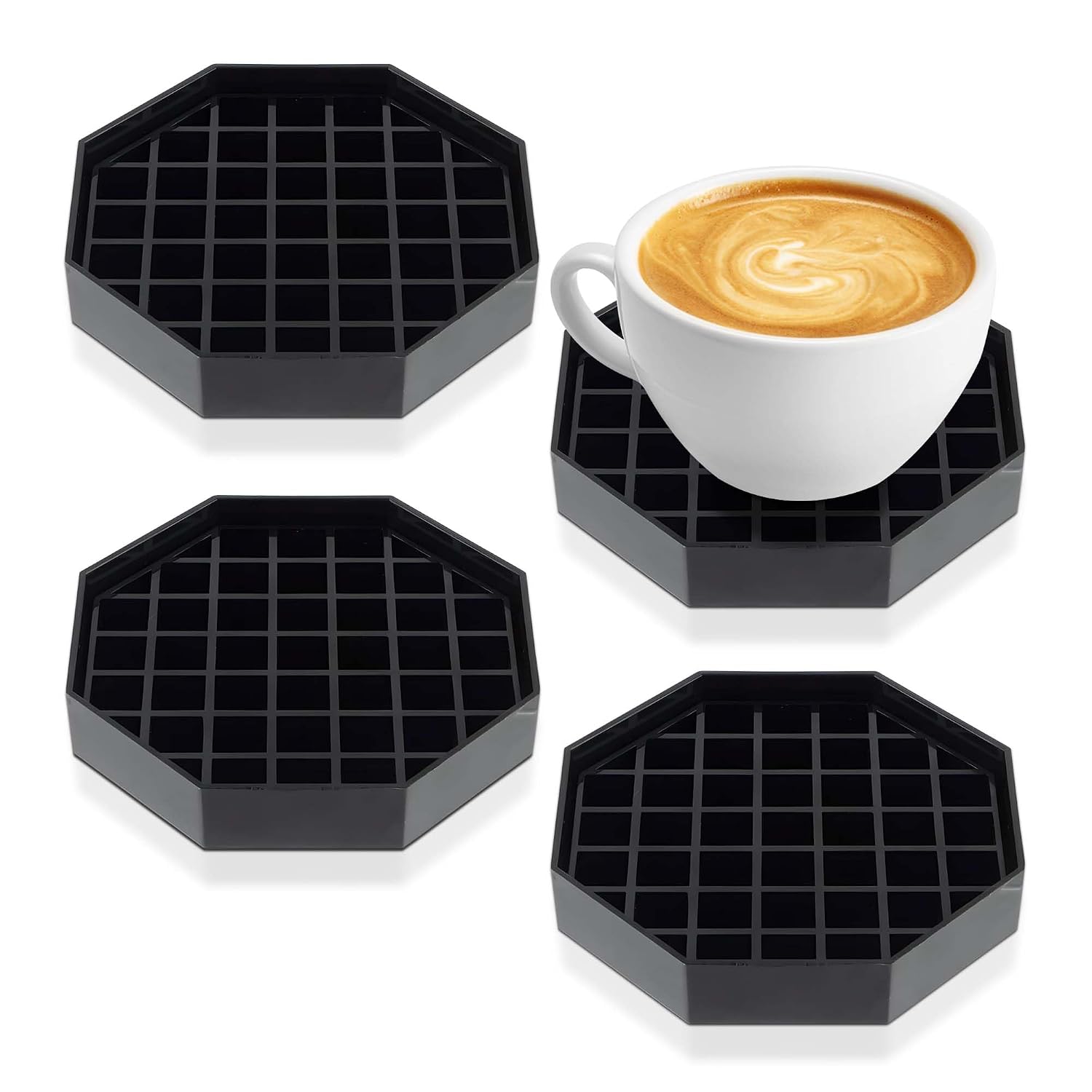 OCS Parts 4-Inch Coffee Countertop Drip Tray | 4-Pack | Spill Preventer Octagon Drip Tray with Removable Honeycomb Grate | Easy to Clean Dishwasher Safe