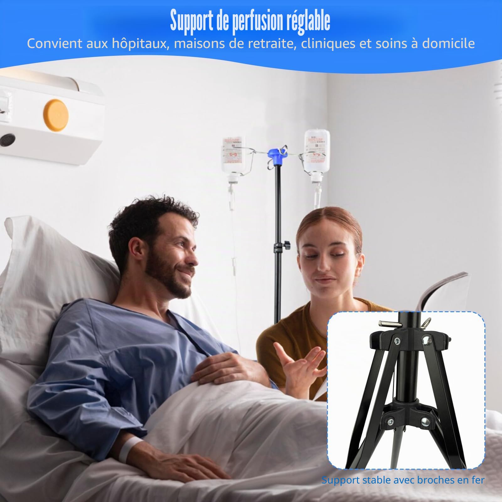 Support à perfusion réglable, barre IV pliable, hauteur réglable de 87 à 190 cm, égouttoir avec 4 crochets et porte-ampoule pratique, avec trépied stable, pour hôpital et soins à domicile