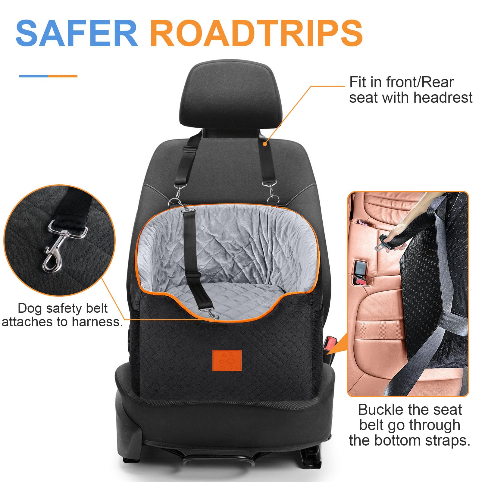 Dog Car Seat for Small Dogs, Memory Foam Booster Dog Seat for Dogs up to 35 lbs, Elevated Pet Car Seat with Washable Removable Cover, Storage Pockets(Black/Gray) - image 4