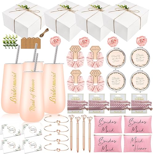 Juego de 50 cajas de propuesta de dama de honor, 4 regalos de boda para dama de honor, juego de bolsas de maquillaje cosmético, bandas elásticas