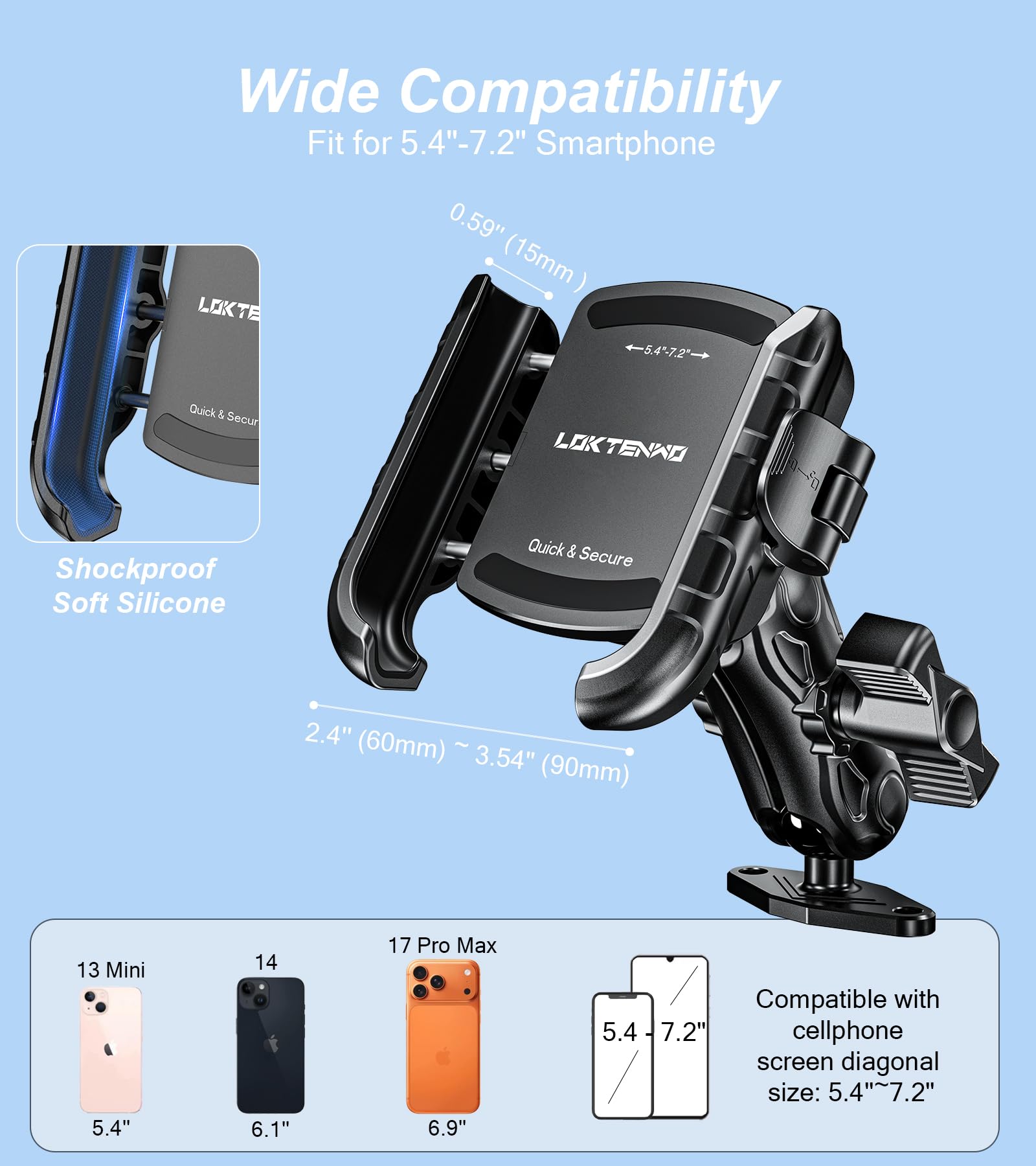LOKTENWO Anti-Vibrations-Telefonhalterung mit Vibrationsdämpfer [Kamera ohne Blockierung] [1s Lock & Release] mit mittlerem Arm und Aluminium-Diamant-Basis für Auto, LKW, UTV, Boot, passend für