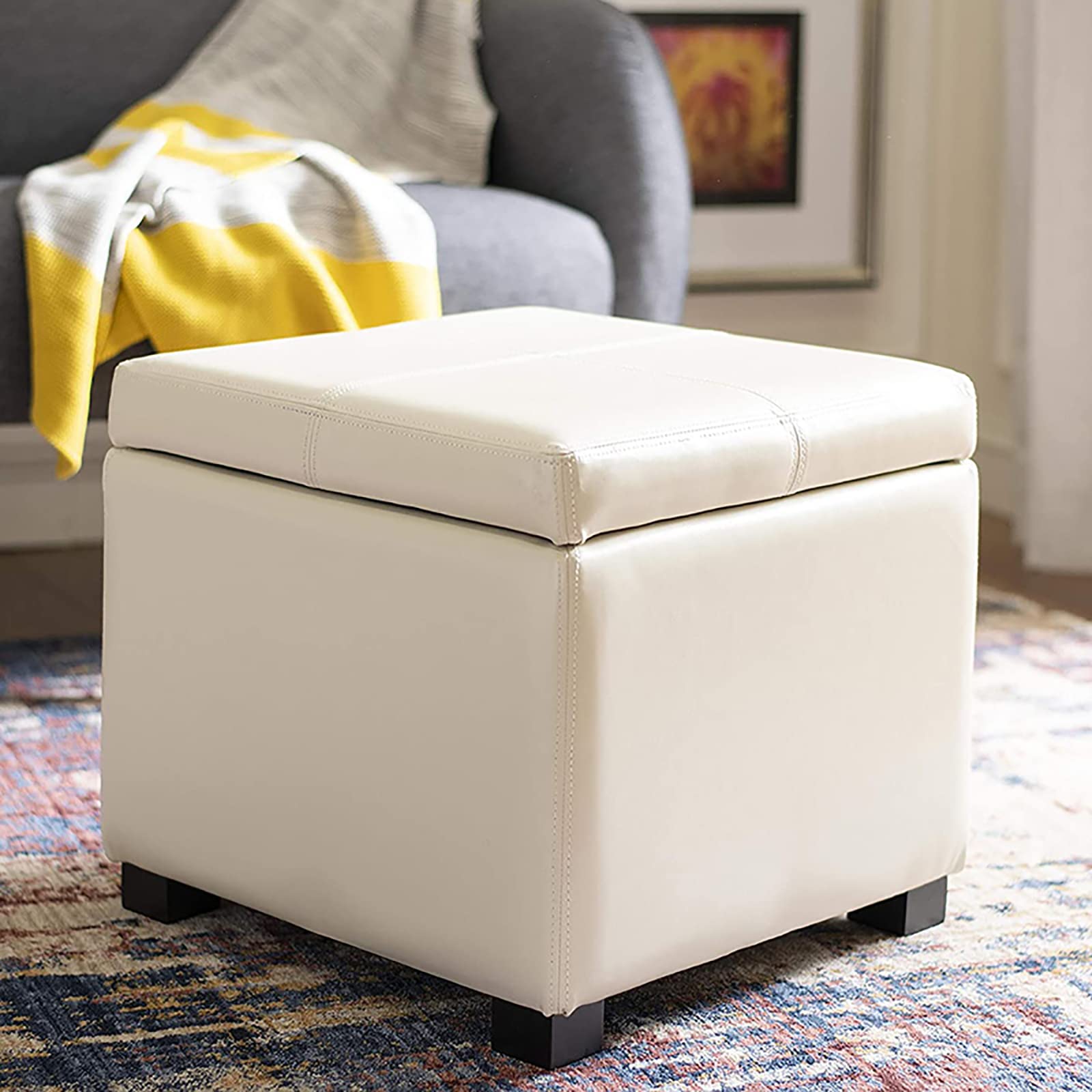 Pouf cubo in pelle bianca avorio di alta qualità, moderno poggiapiedi e sgabello quadrato slish per soggiorno e camera da letto, sgabello nascosto, 45 x 45 x 42 cm / 18x18x17in