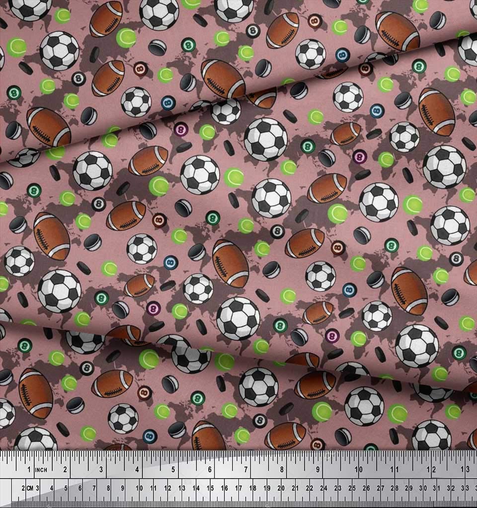 Soimoi Rayon Pink Fabric - by The Yard - 42 Inch Wide - Cricket Ball, Rugby & Football Sports - Tri-Sport Extravaganza with Cricket Ball, Rugby, and Football Prints Printed Fabric
