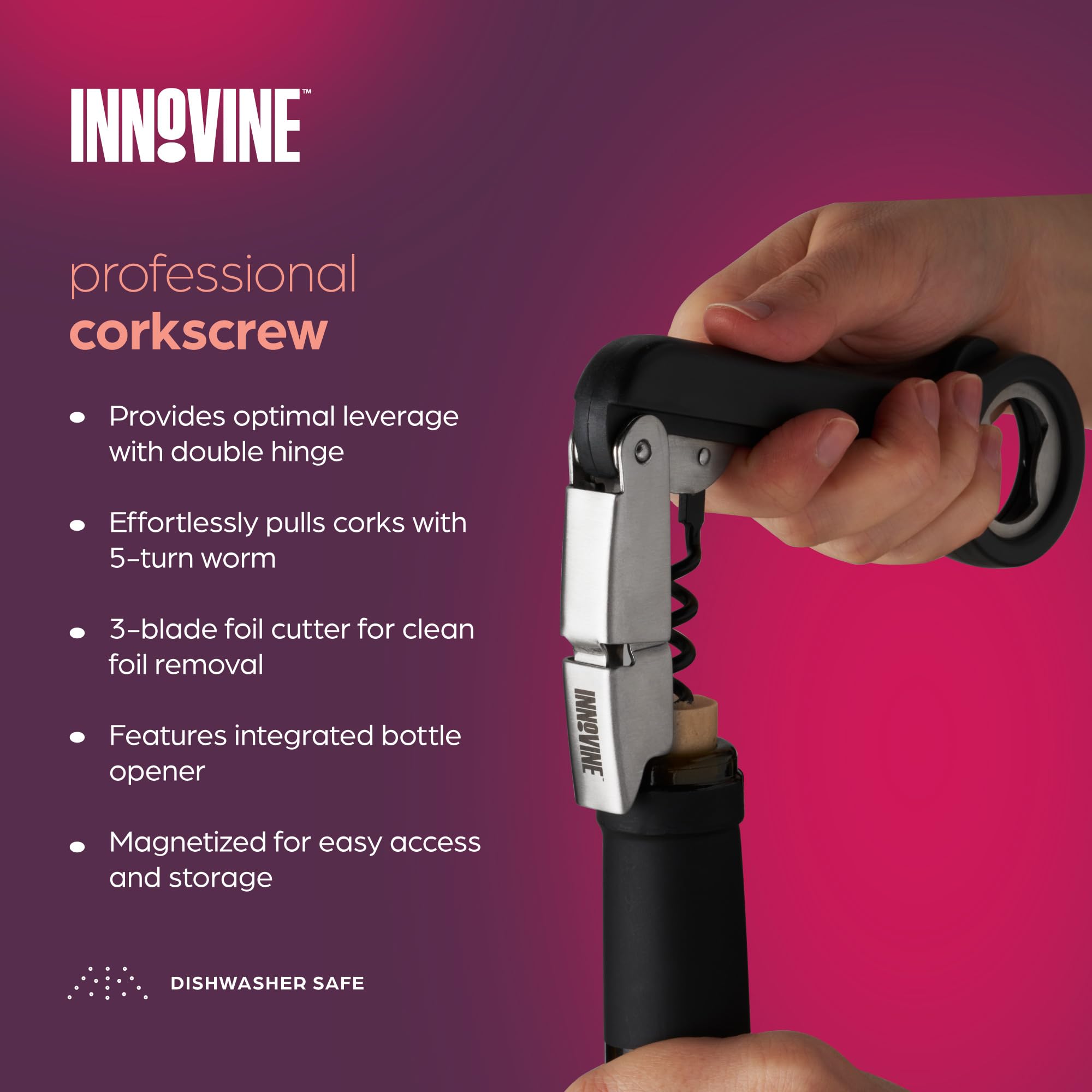 Innovine Red Wine Pro 4-teiliges Weinwerkzeug-Geschenkset - Verstellbarer Weinbelüfter mit Ständer, Doppelscharnier-Korkenzieher & Vakuum-Weinsparer mit Stopper - Komplettes Rotweinöffnungs