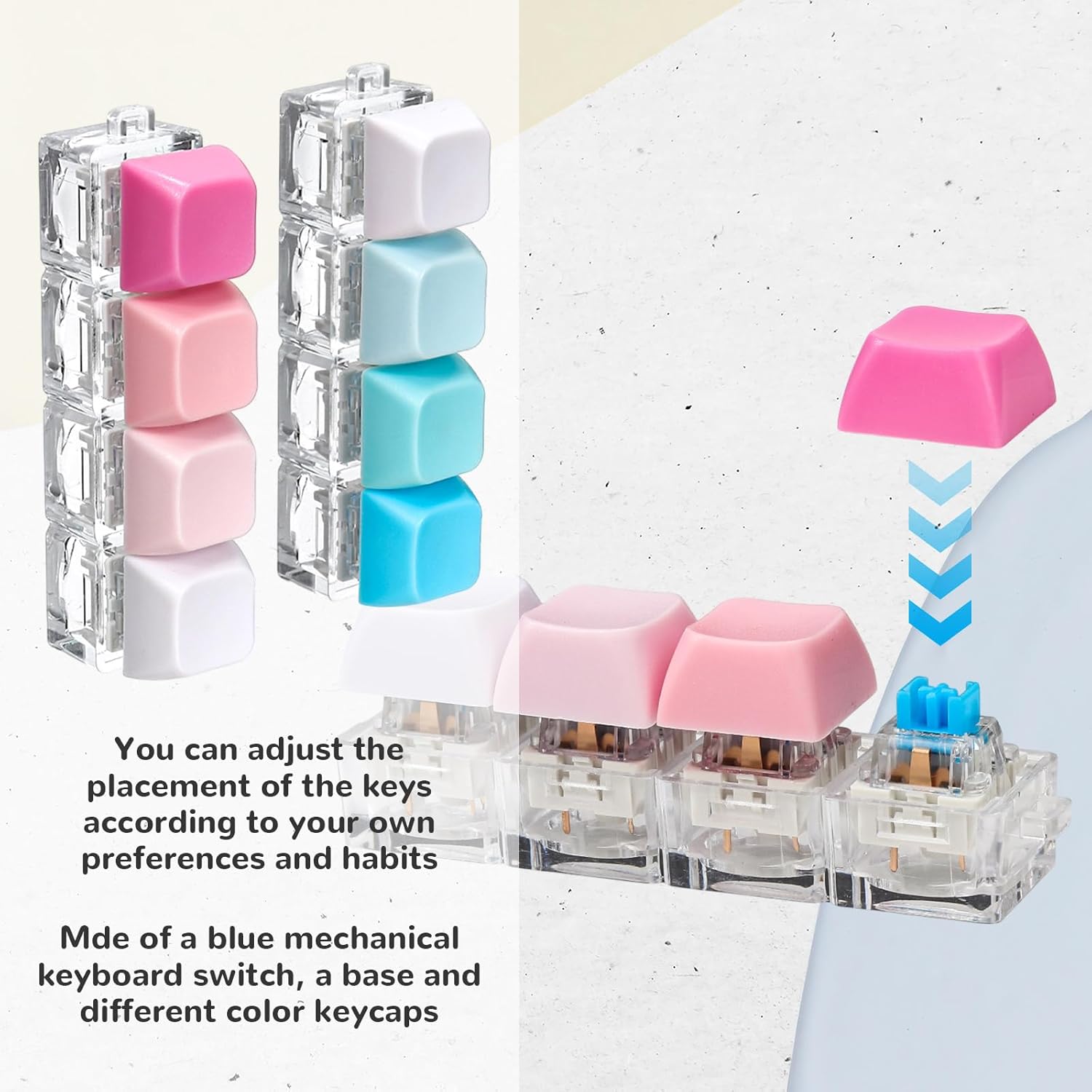 2 PCS Keyboard Fidget Toy, 4-in-1 Keyboard Button Clicker Keychain, Push Bubble Sensory Fidget Toys for Kids Adults to Relief Pass Time (Blue Pink White)