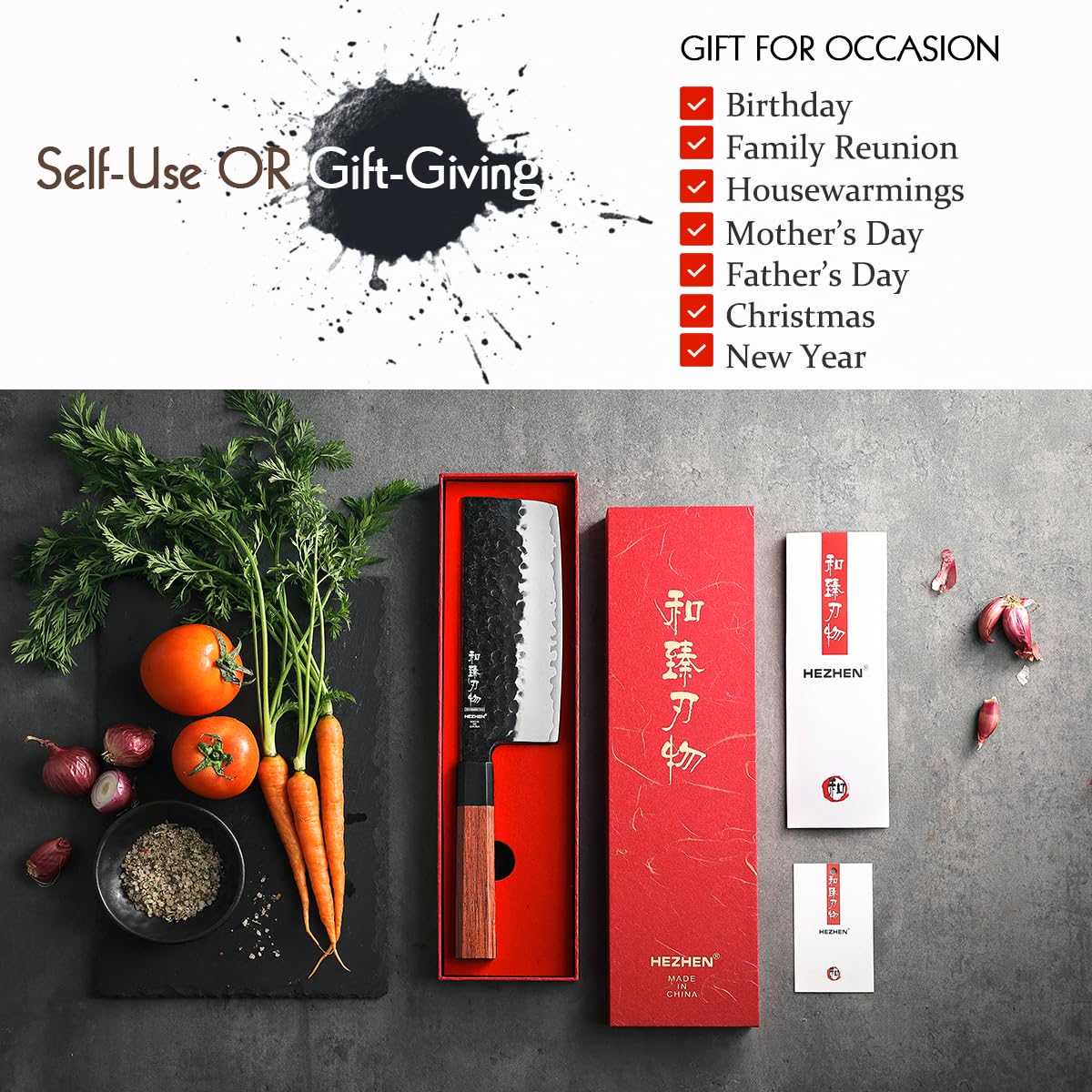 HEZHEN Coltello Nakiri Giapponese Multiuso per Affettare Carne e Verdure, Manico Ergonomico Ottagonale in Legno di Sequoia