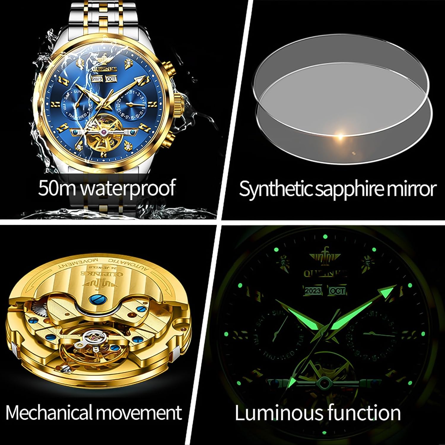 OUPINKE Men Skeleton Watch Automatic Mechanical Luxury Dress Waterproof Tourbillion Sapphire Crystal Wrist Watches for Men - Image 5